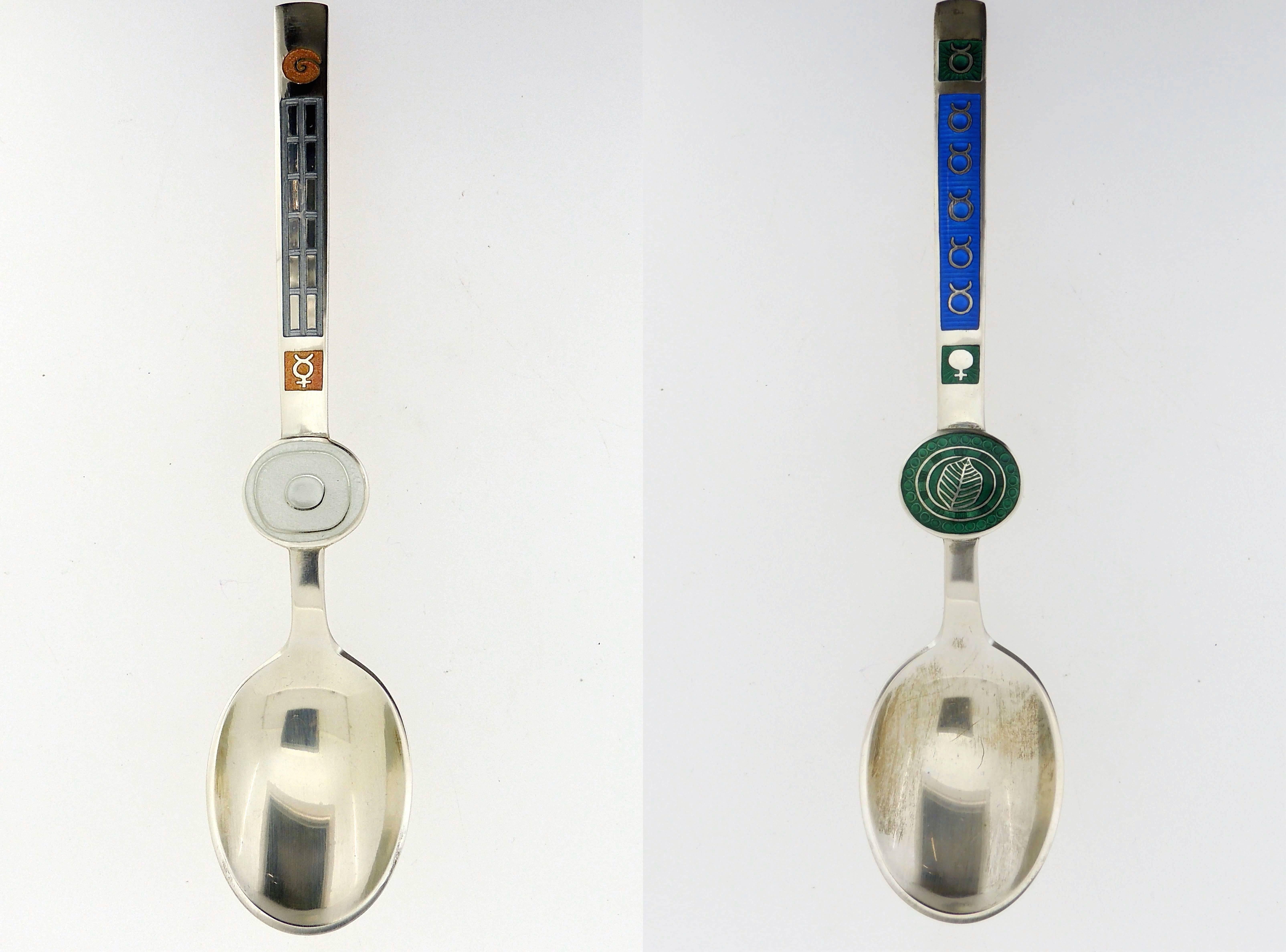 12 Enameled Sterling Silver Modern Zodiac Spoons by Paul Gauguin for A Michelsen In Good Condition In Philadelphia, PA