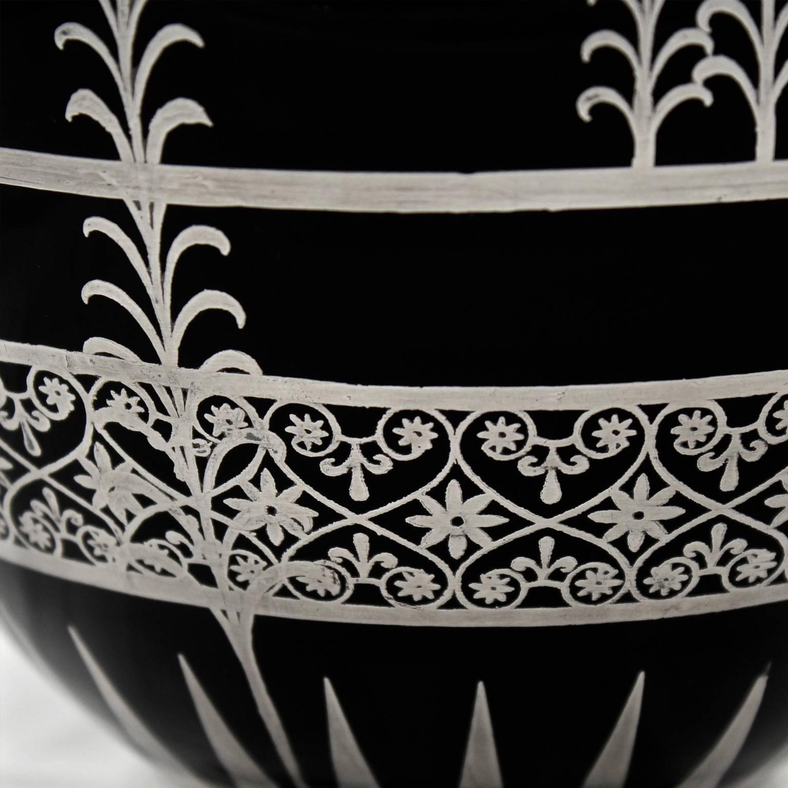 20th Century Rare Rockwell Art Deco Period Greek Revival Silver Overlay Black Glass Vase