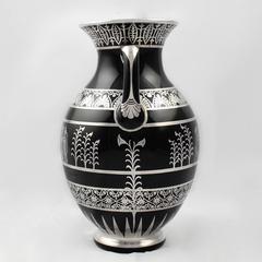 Rare Rockwell Art Deco Period Greek Revival Silver Overlay Black Glass Vase