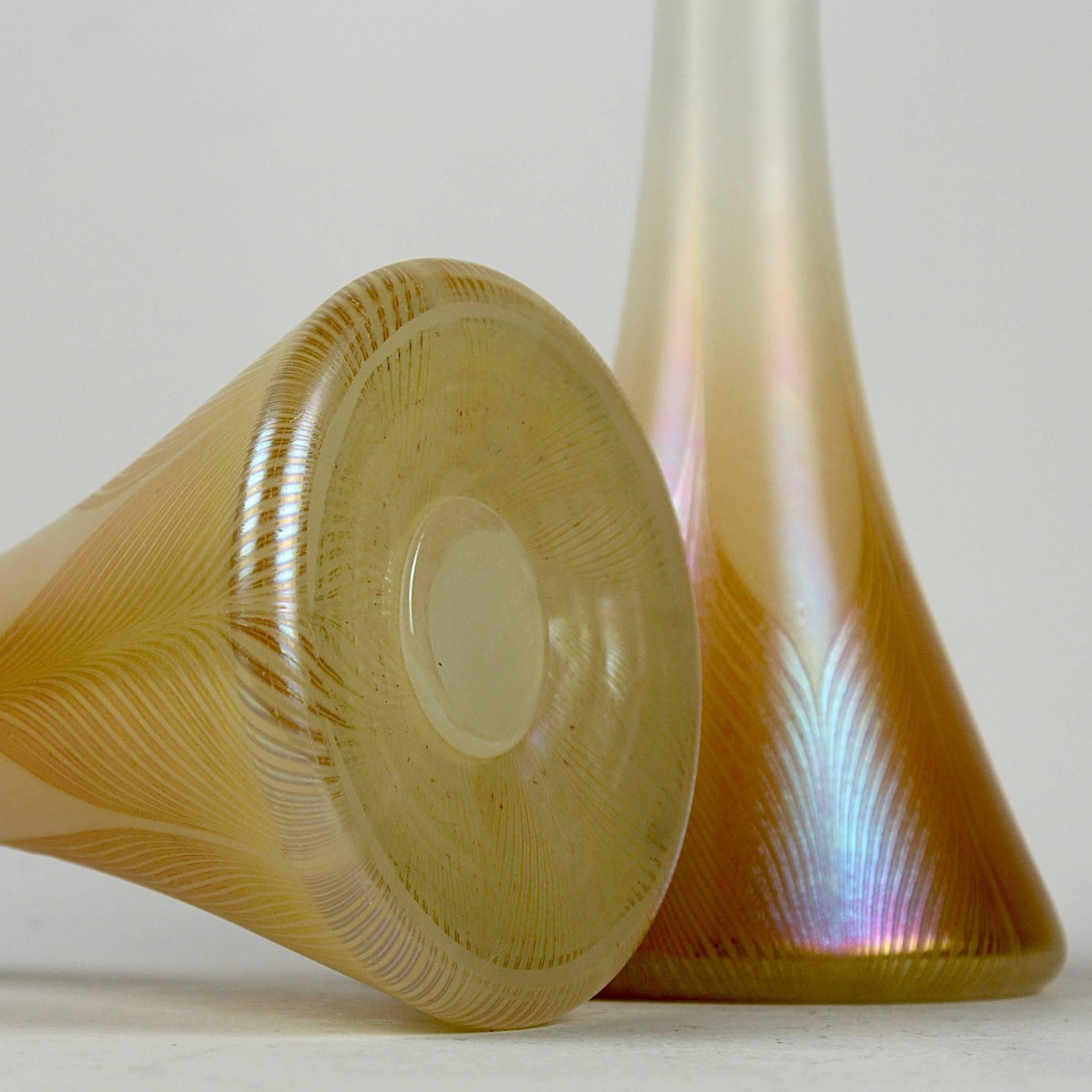 Blown Glass Near Pair of Large Louis Comfort Tiffany Favrile Pulled Feather Art Glass Vases