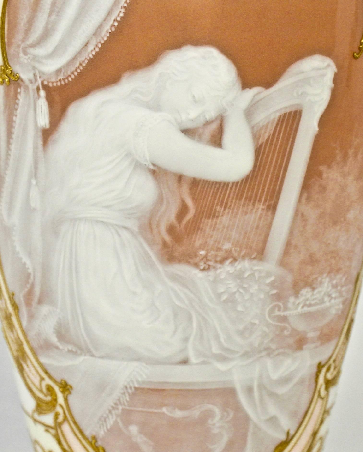 Belle Époque Museum Quality KPM Berlin Pâte Sur Pâte Porcelain Vase with Young Girl at Harp