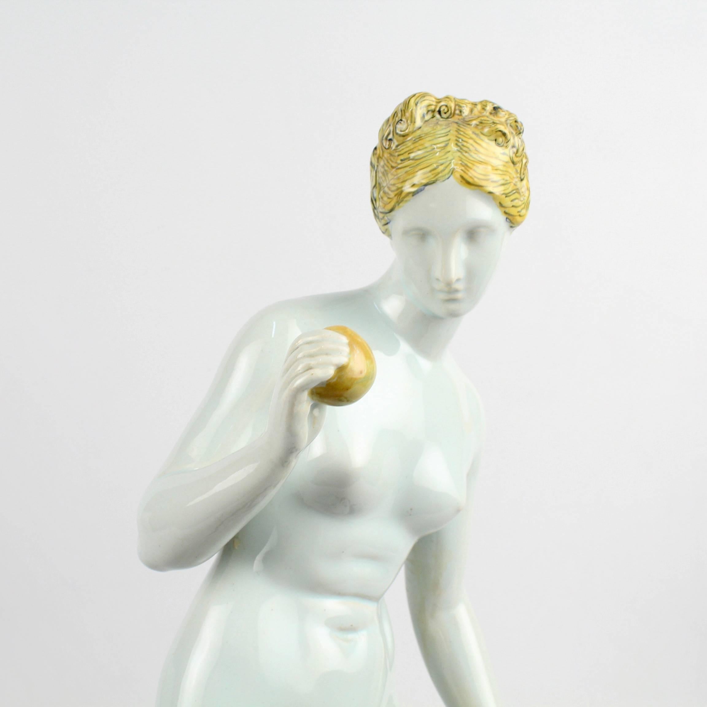 French Large 19th Century Samsom et Cie Faience Figurine of Venus and the Golden Apple For Sale