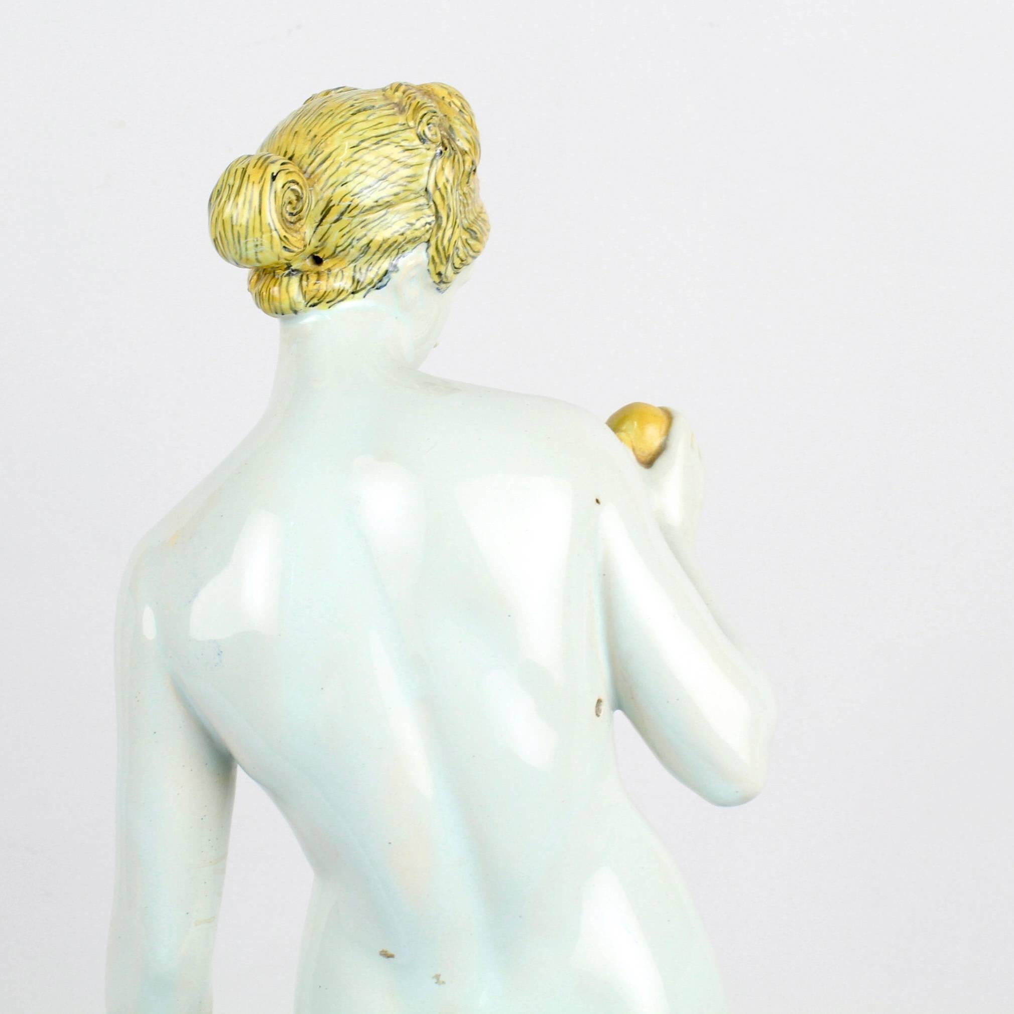 Cast Large 19th Century Samsom et Cie Faience Figurine of Venus and the Golden Apple For Sale