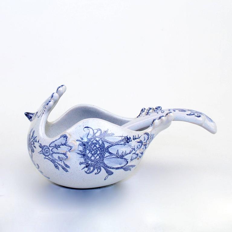 Glazed Bjorn Wiinblad Studio Pottery Figural Bird Bowl & Serving Spoon Set, 1960 For Sale