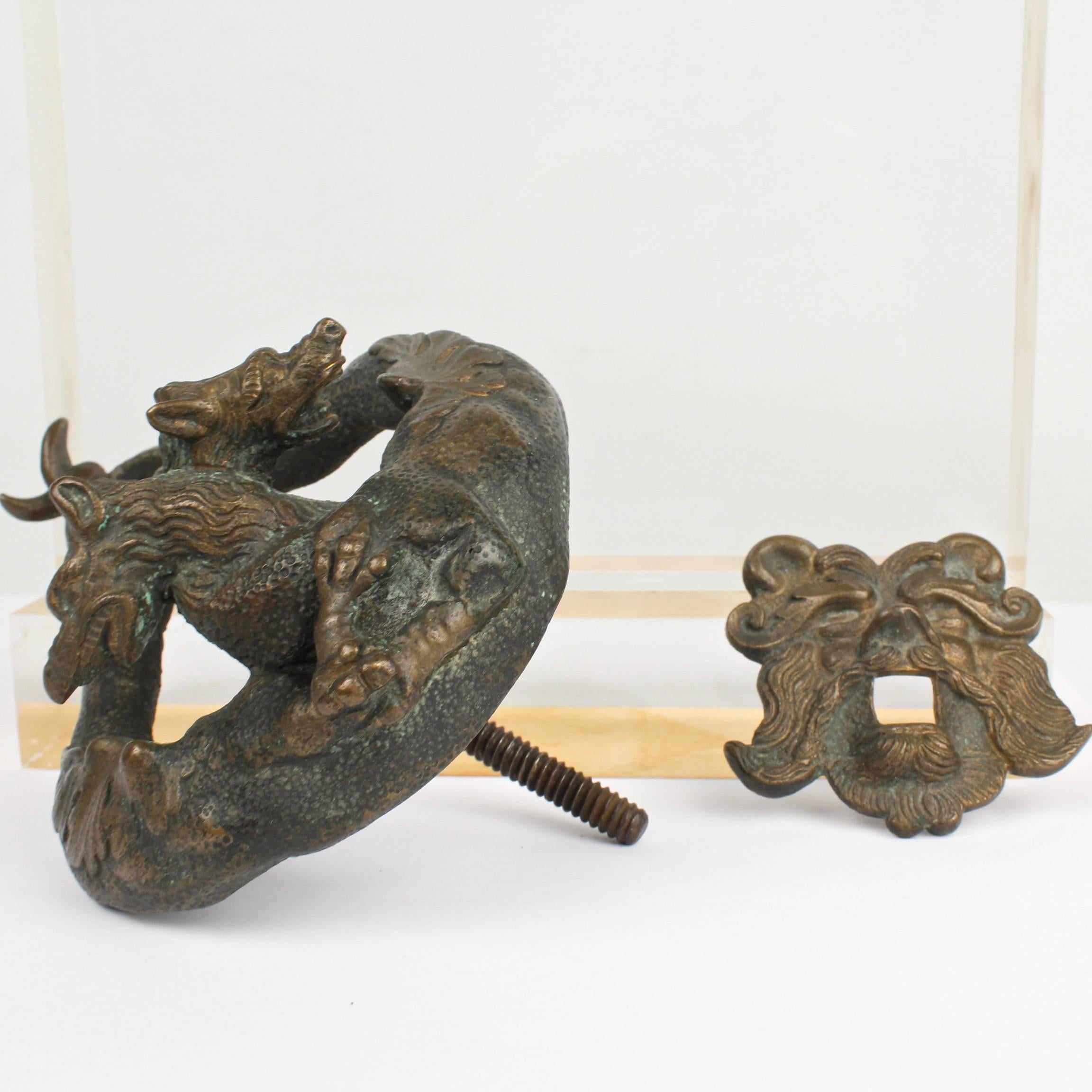 Antique Renaissance Style Bronze Door Knocker with 2 Hippocampi & Neptune's Face 2