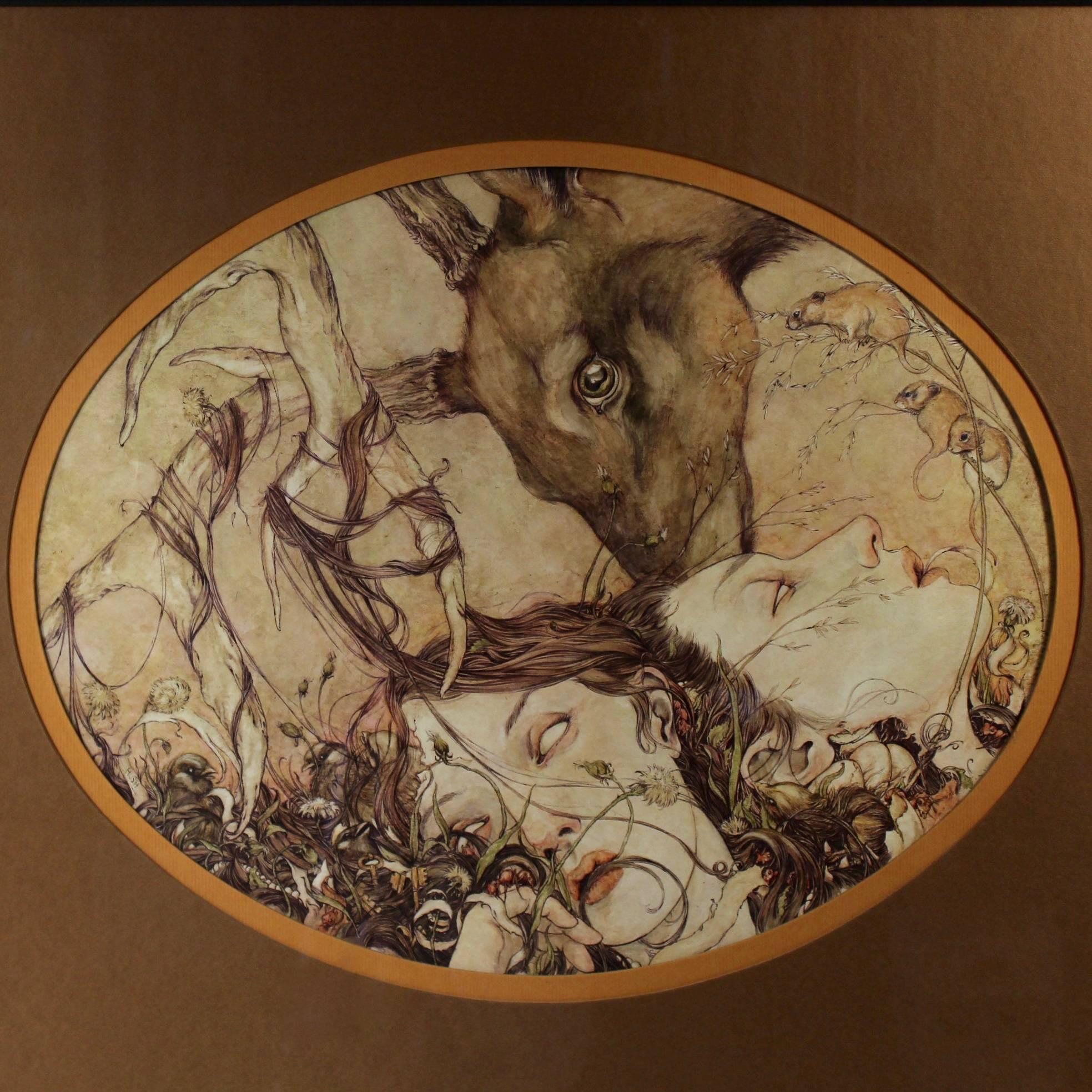 Enredados, una pintura a la birome, acuarela y guache de Jeremy Hush, 2012 Papel en venta