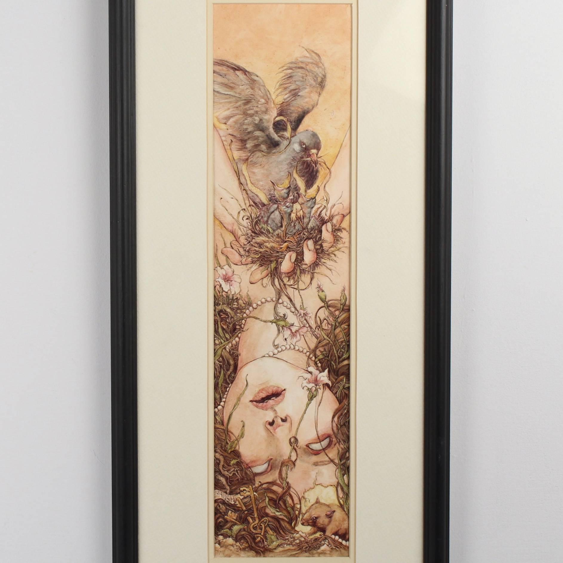 Husk.

A biro, watercolor, gouache painting. 

Sight size: cm 5 in. x 19 in.
Frame size: cm 11 in. x 25 in.

Jeremy Hush - a long time punk and heavy metal scene illustrator long ago moved beyond the confines of being a formative scene artist