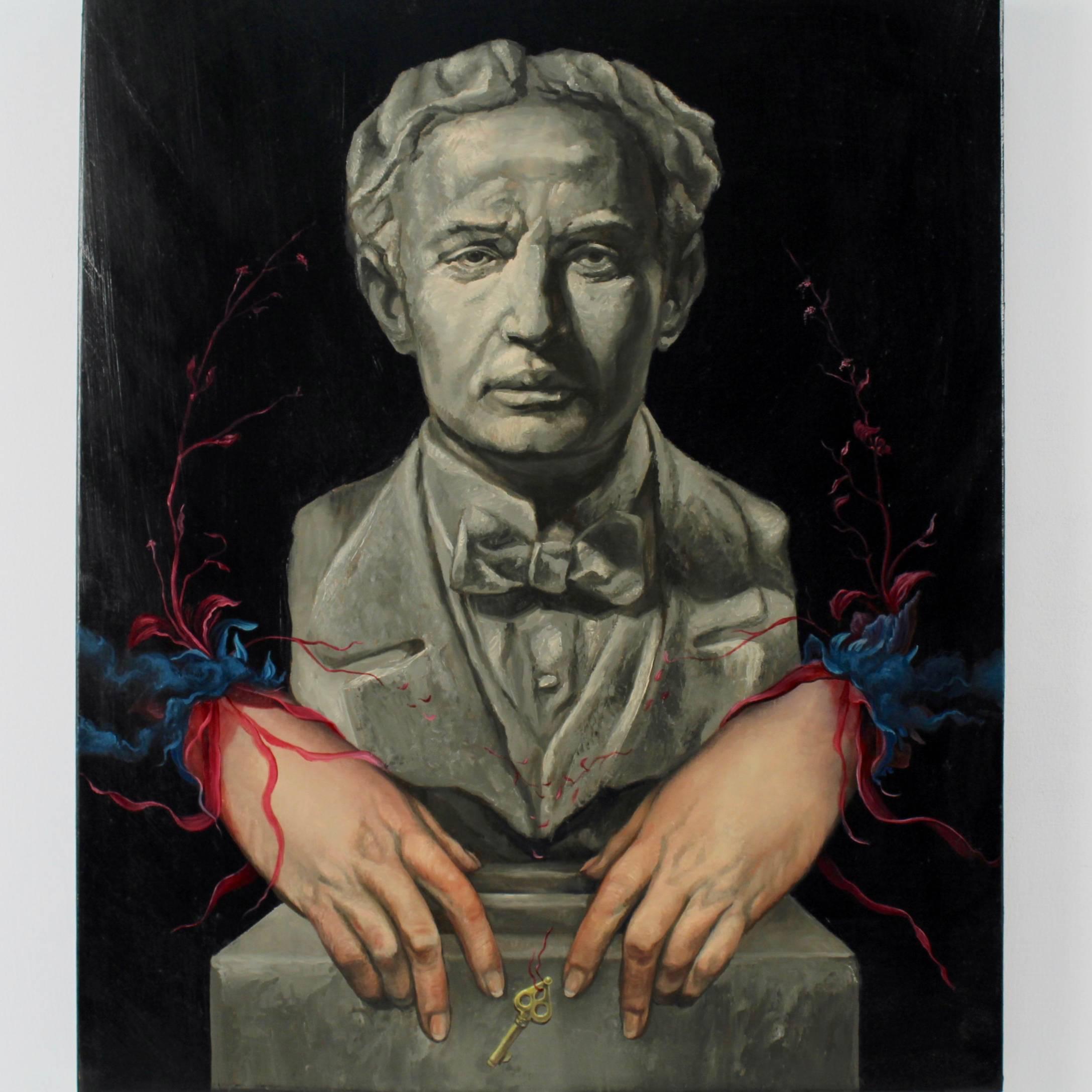 Boundless.

Depicts liminial hands and a key before the only remaining Bust of Houdini.

Oil on panel by Paul Romano.

Size: circa 20 in. by 24 in. 

Items purchased from David Sterner antiques must delight you. Purchases may be returned for