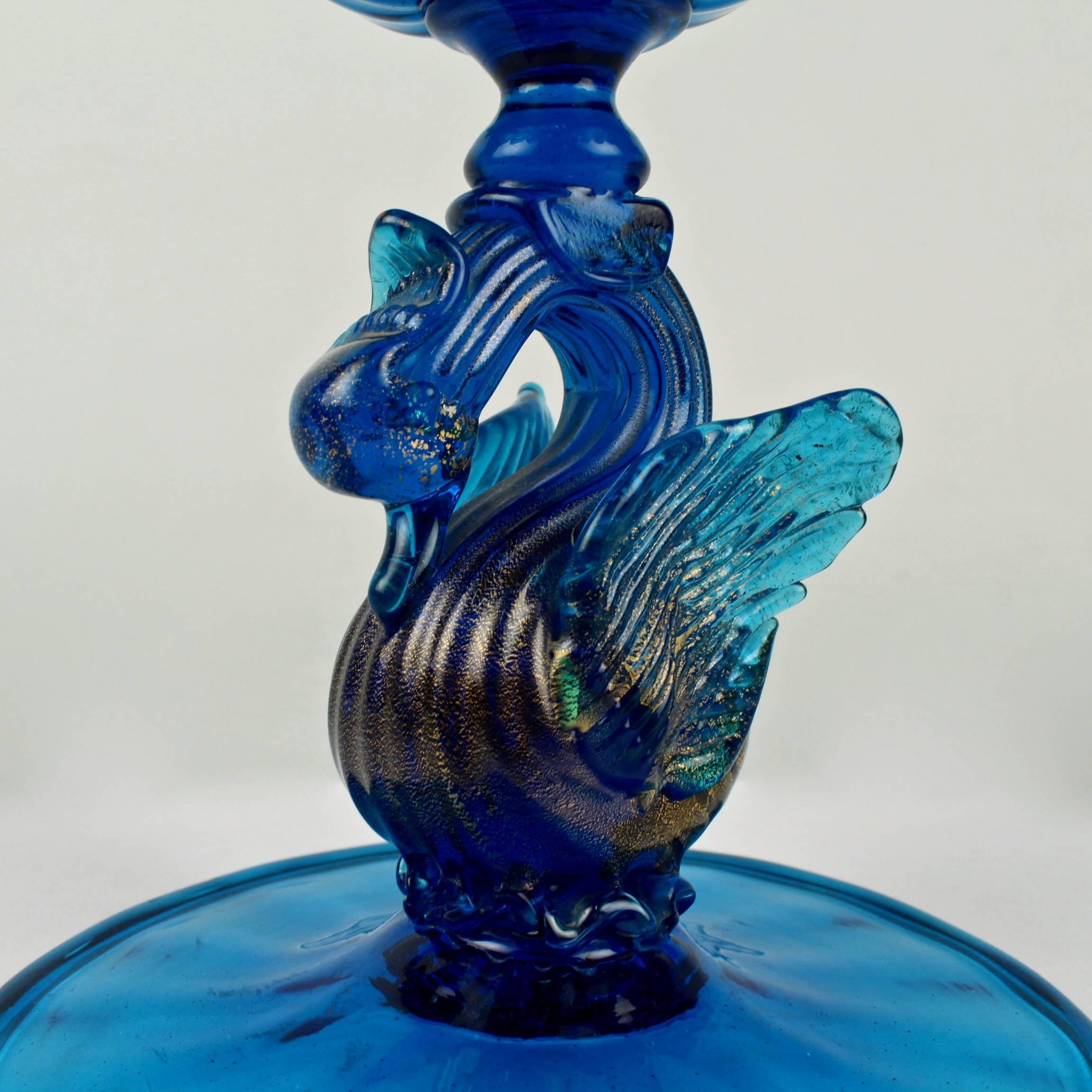 Renaissance Revival Large Salviati Blue Venetian Glass Footed Bowl or Fruit Stand with Swan Support For Sale