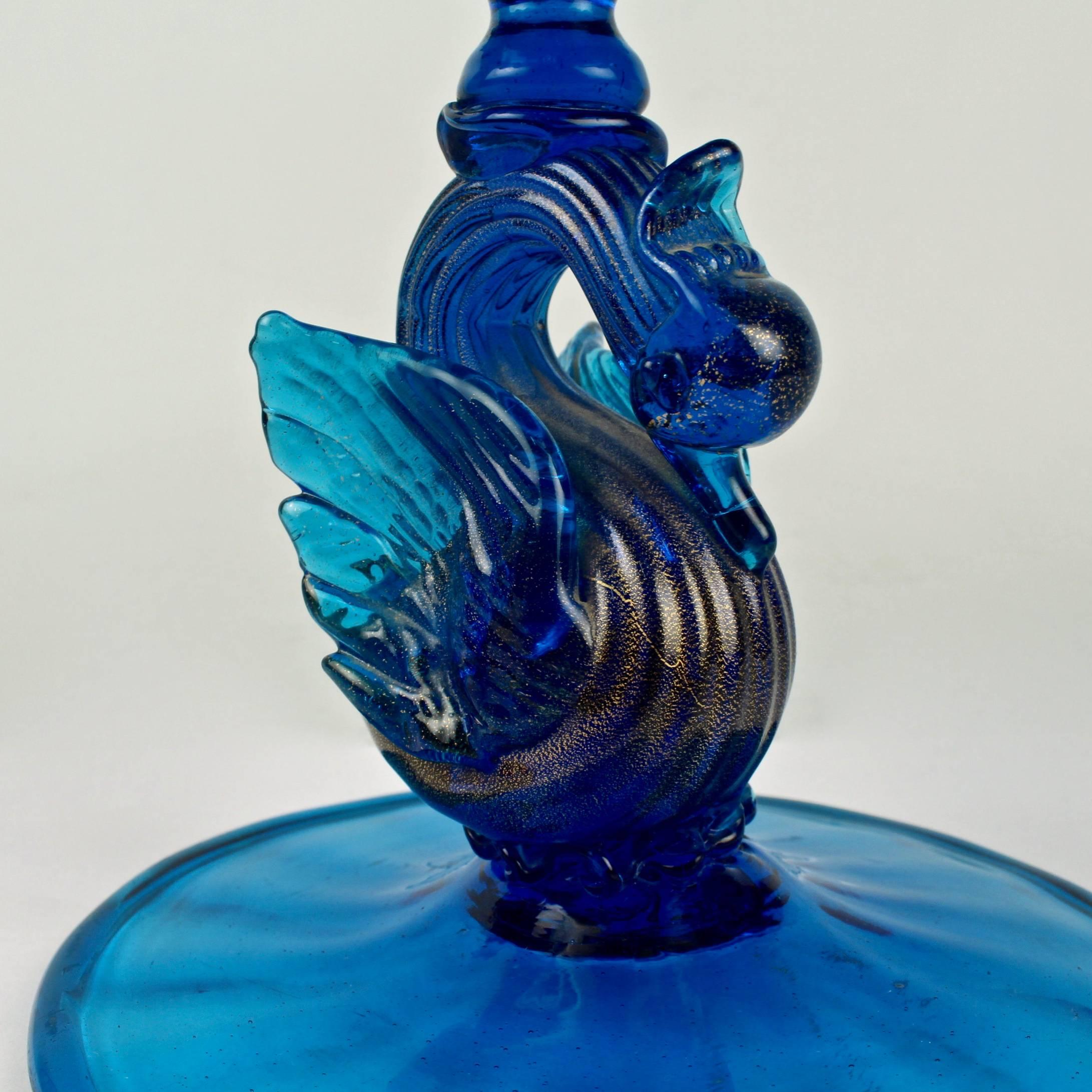 Italian Large Salviati Blue Venetian Glass Footed Bowl or Fruit Stand with Swan Support For Sale