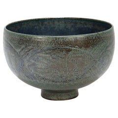 Edwin & Mary Scheier Modern Teal Blue Art Pottery Bowl with Fish & Figures