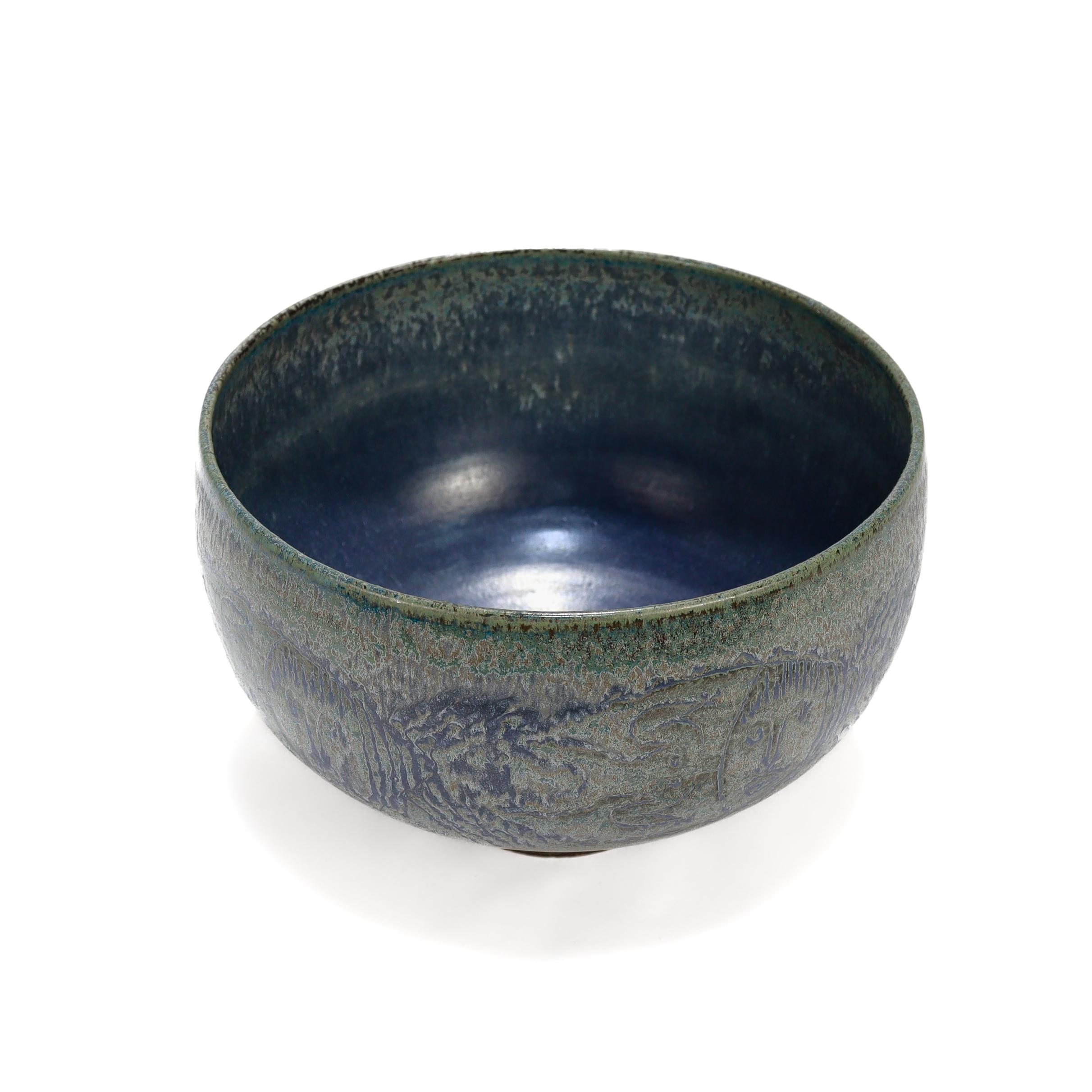 Edwin & Mary Scheier Modern Teal Blue Art Pottery Bowl with Fish & Figures For Sale 2