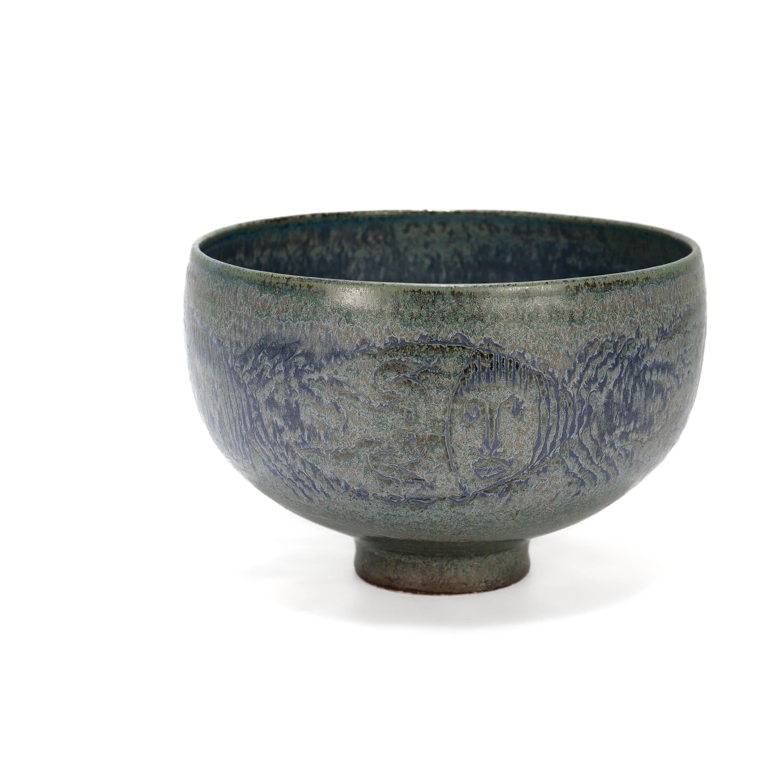 20th Century Edwin & Mary Scheier Modern Teal Blue Art Pottery Bowl with Fish & Figures For Sale