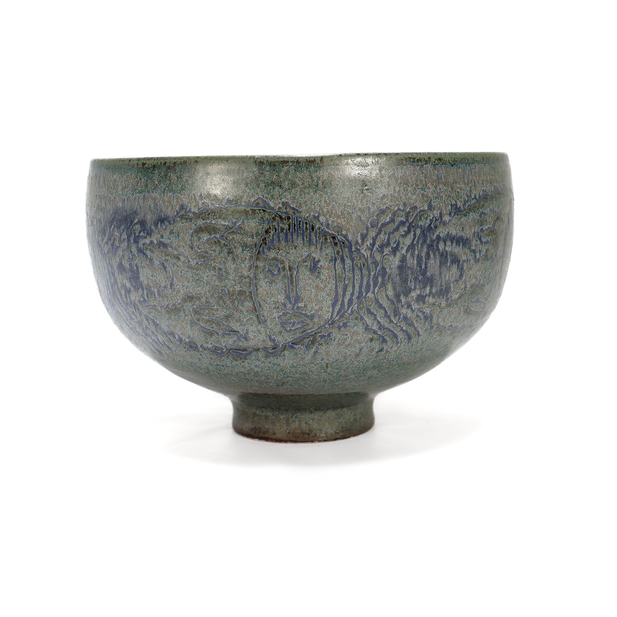 Edwin & Mary Scheier Modern Teal Blue Art Pottery Bowl with Fish & Figures For Sale 1