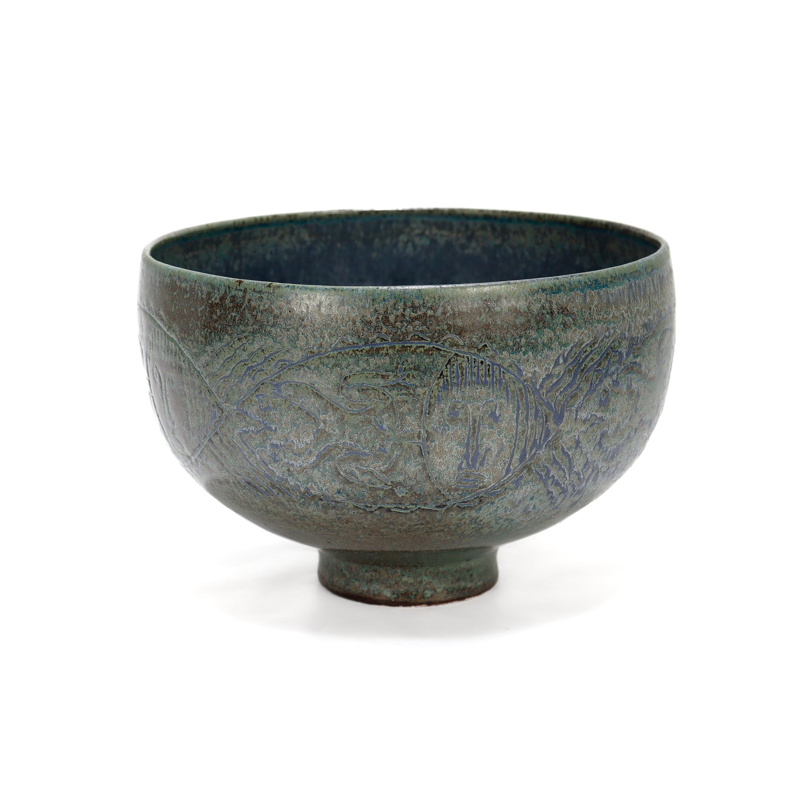American Edwin & Mary Scheier Modern Teal Blue Art Pottery Bowl with Fish & Figures For Sale