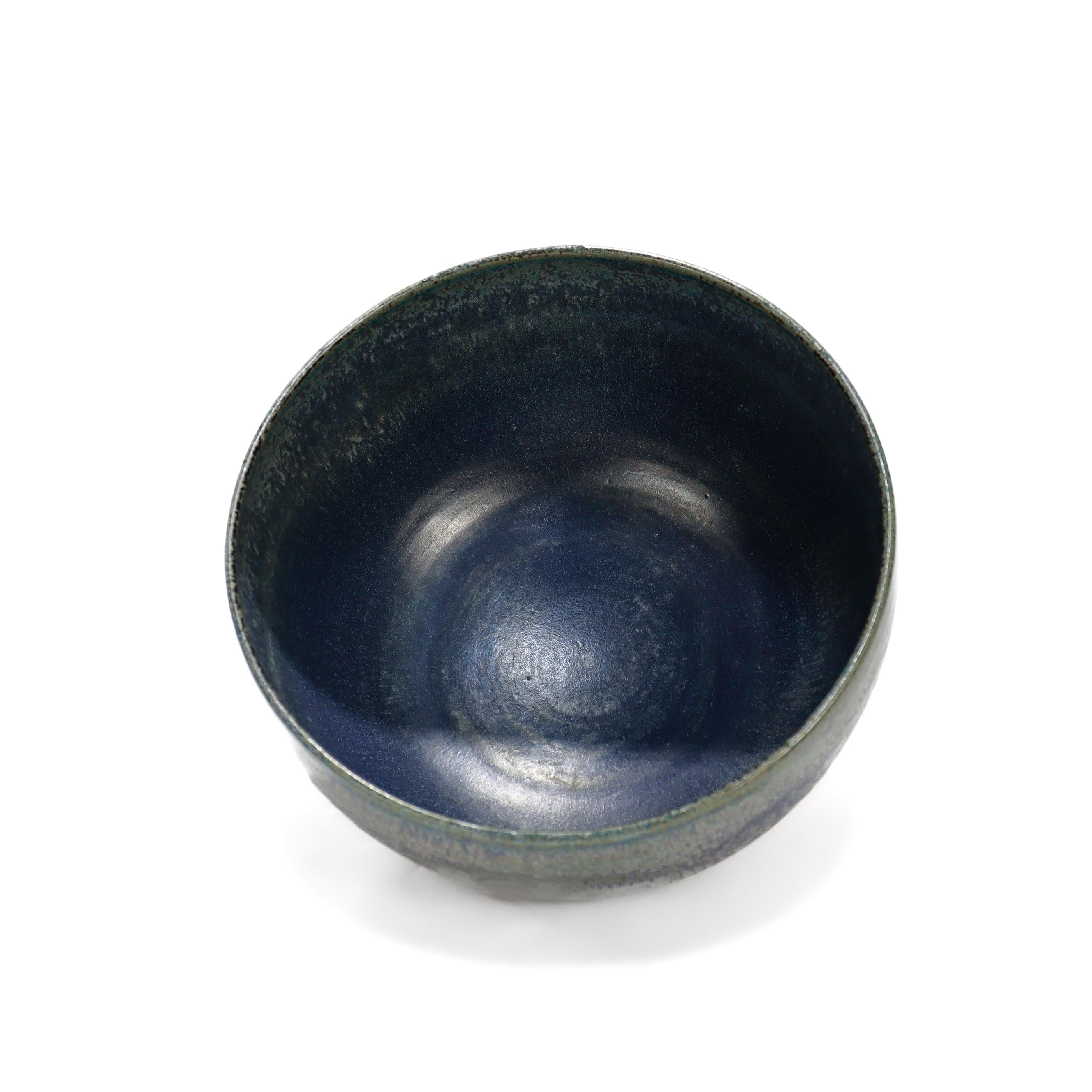 Edwin & Mary Scheier Modern Teal Blue Art Pottery Bowl with Fish & Figures For Sale 3