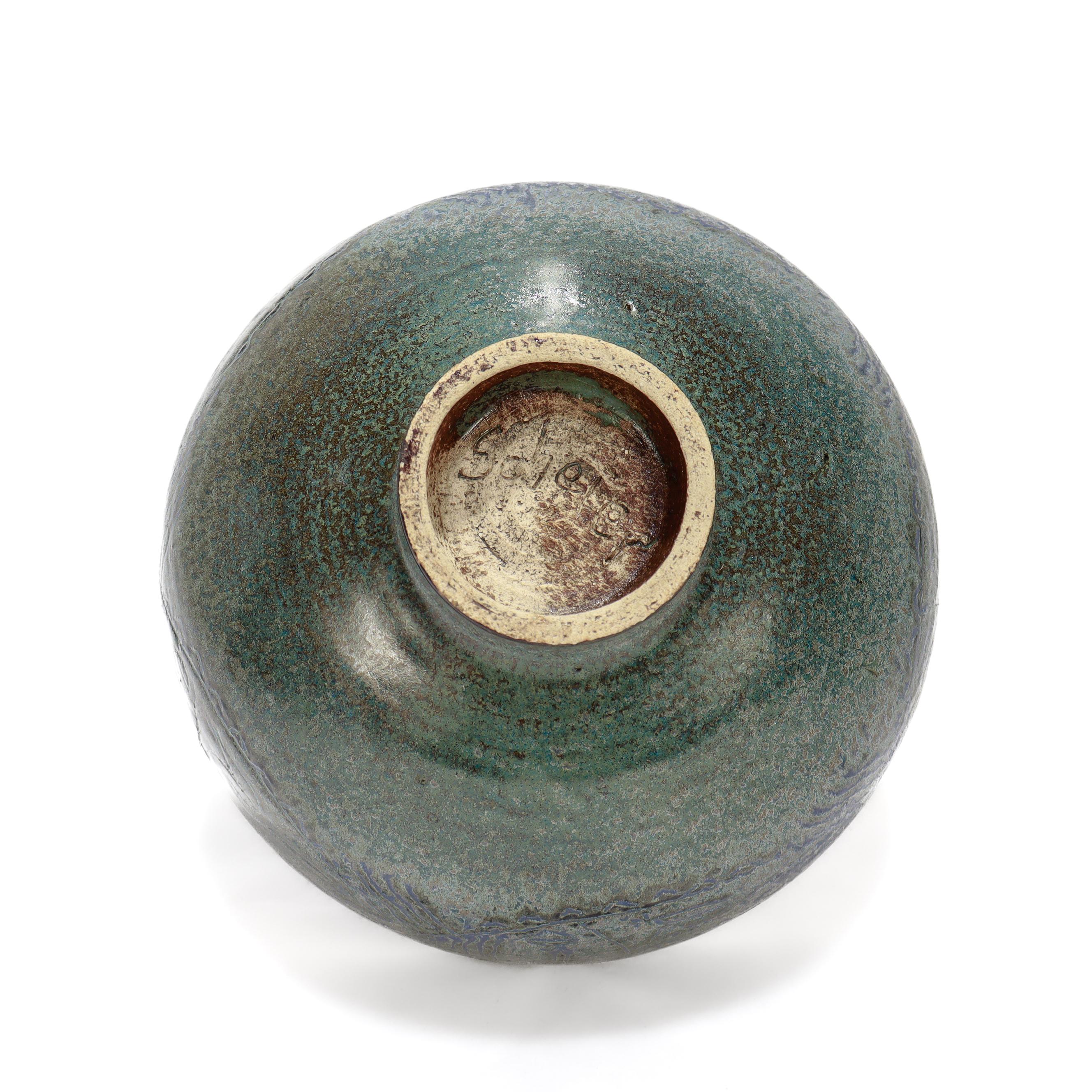 Edwin & Mary Scheier Modern Teal Blue Art Pottery Bowl with Fish & Figures For Sale 5
