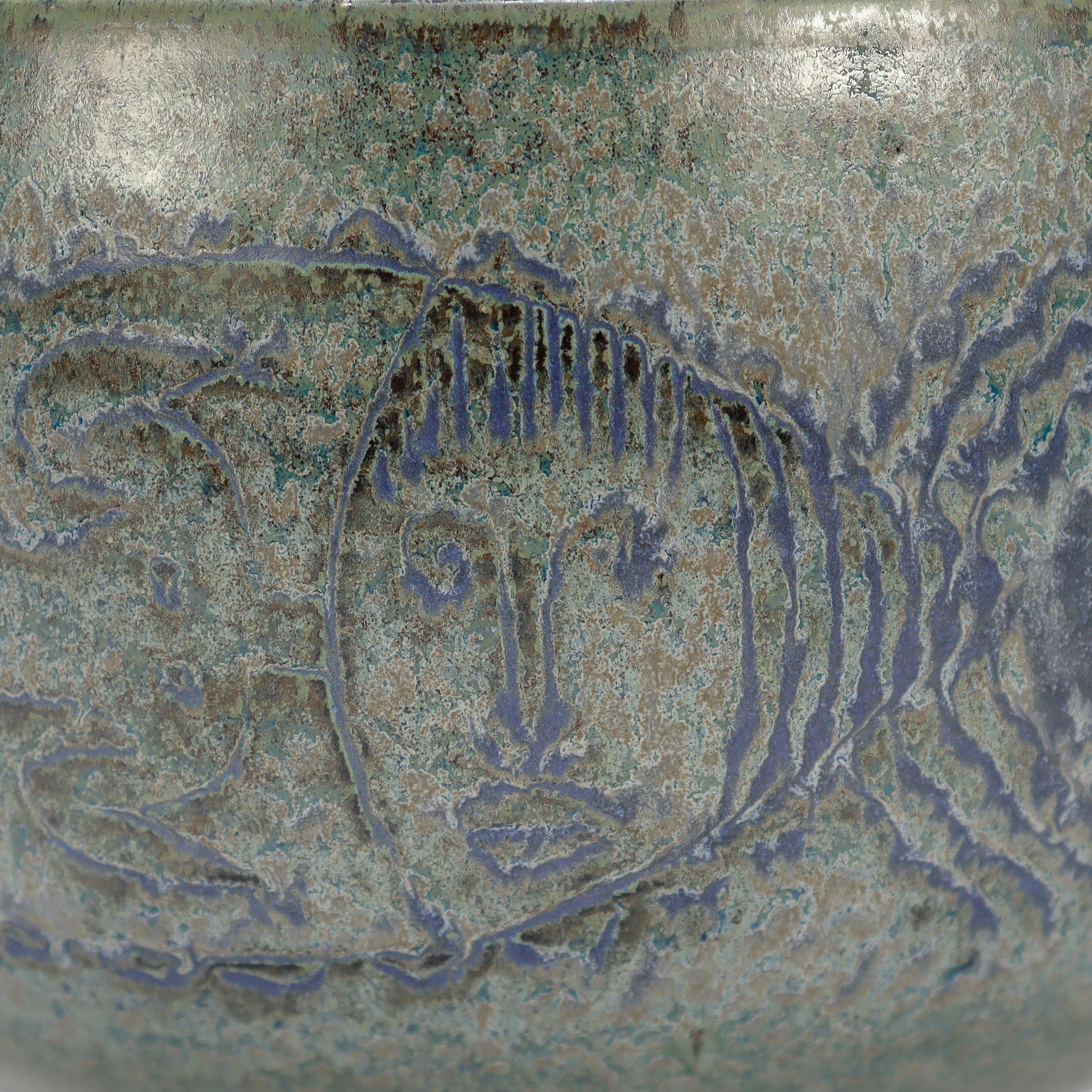 Edwin & Mary Scheier Modern Teal Blue Art Pottery Bowl with Fish & Figures For Sale 7