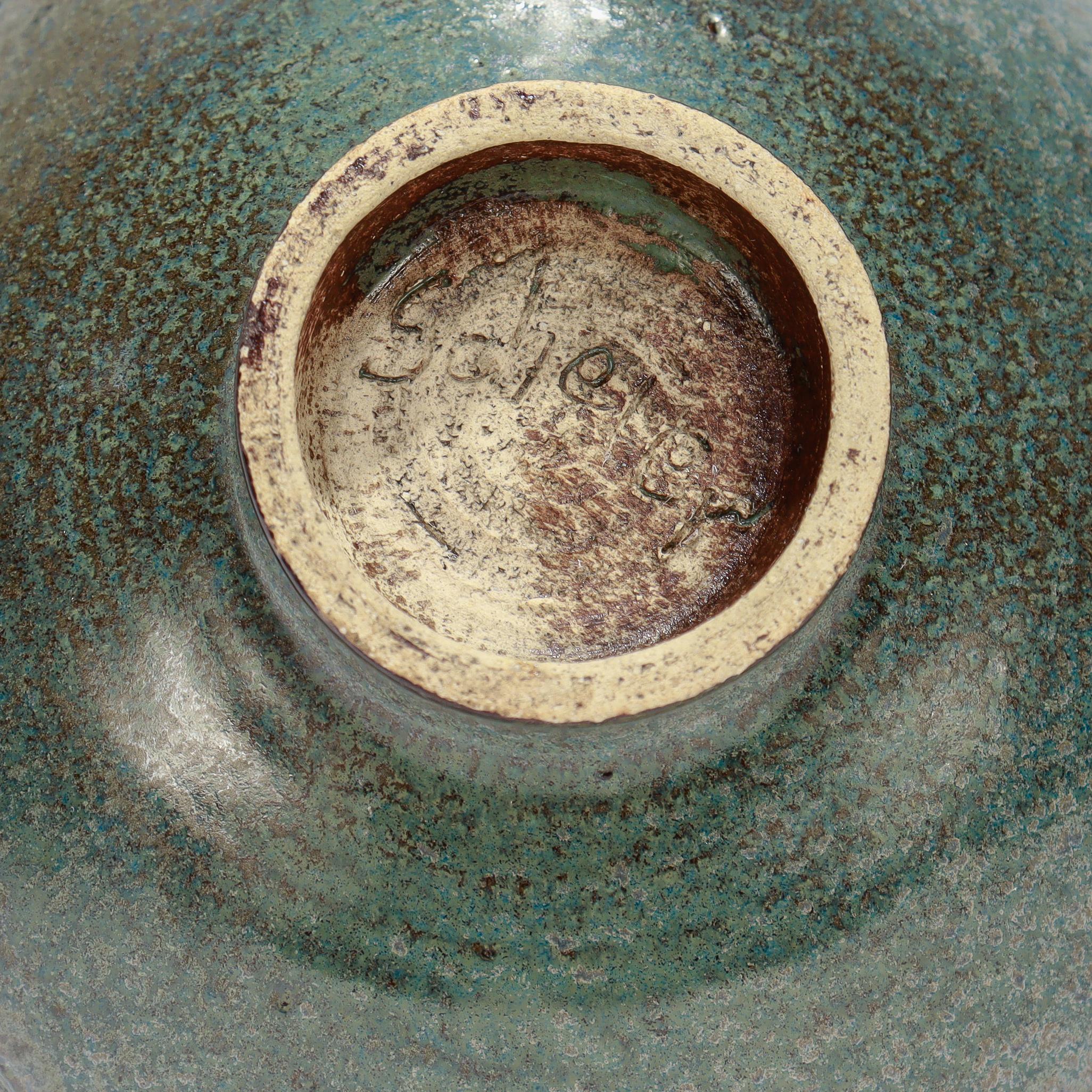 Edwin & Mary Scheier Modern Teal Blue Art Pottery Bowl with Fish & Figures For Sale 6