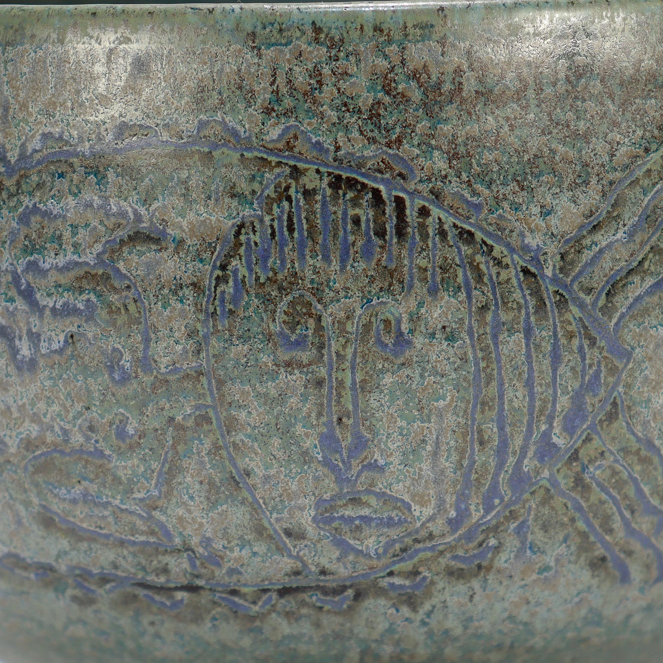 Edwin & Mary Scheier Modern Teal Blue Art Pottery Bowl with Fish & Figures For Sale 8
