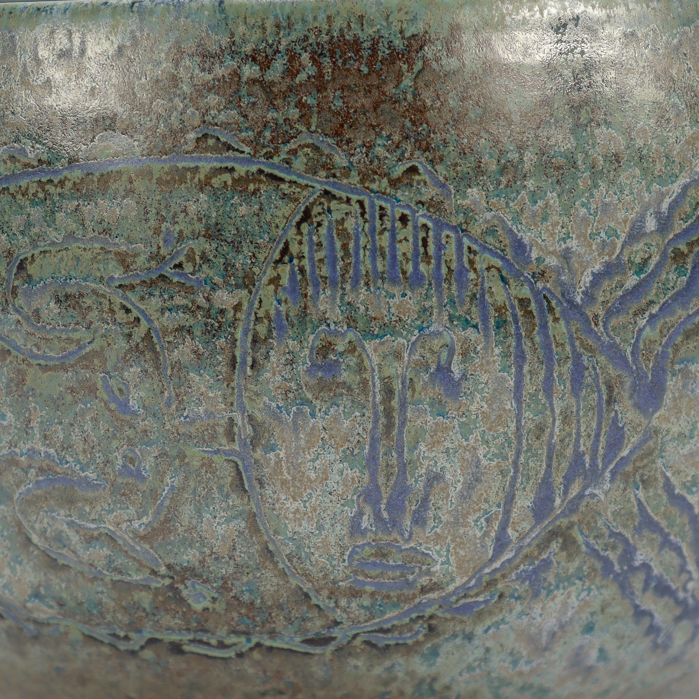 Edwin & Mary Scheier Modern Teal Blue Art Pottery Bowl with Fish & Figures For Sale 10