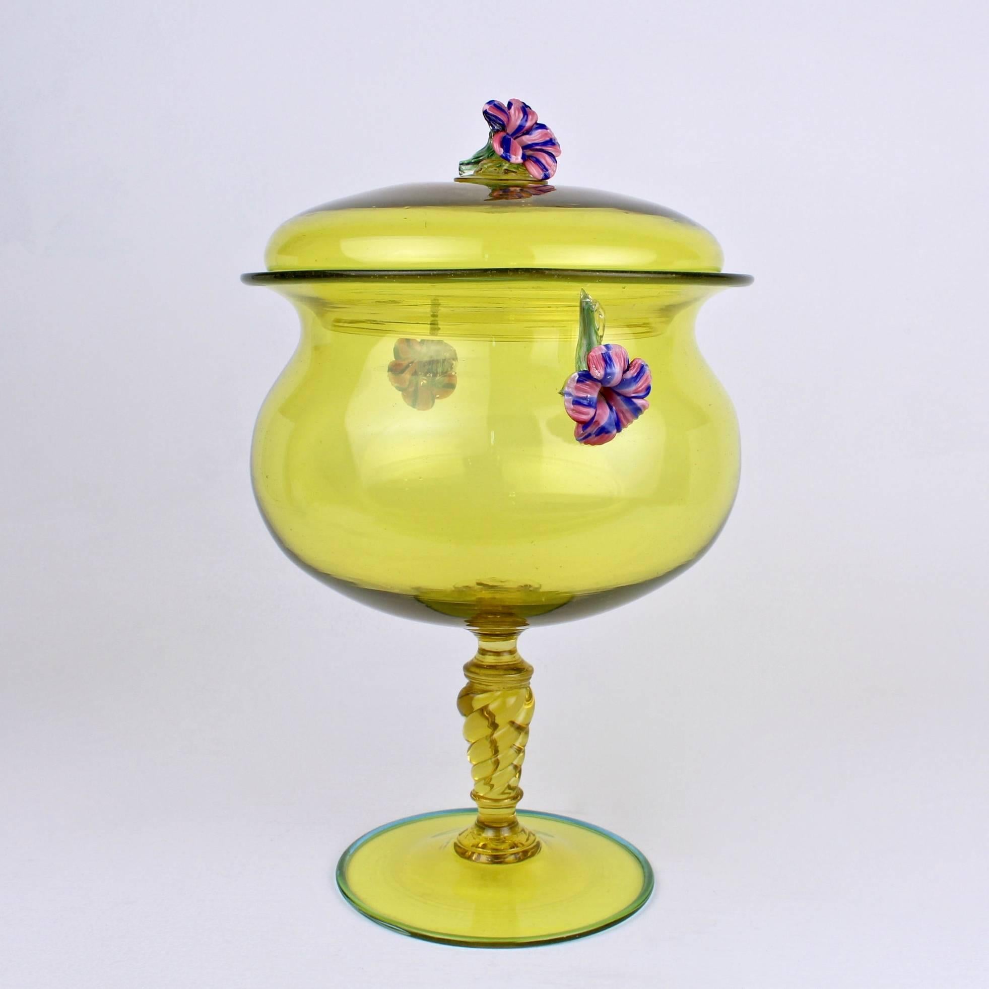 Mid-Century Modern Large Canary Yellow Venetian/Murano Glass Covered Footed Bowl with Flower Finial