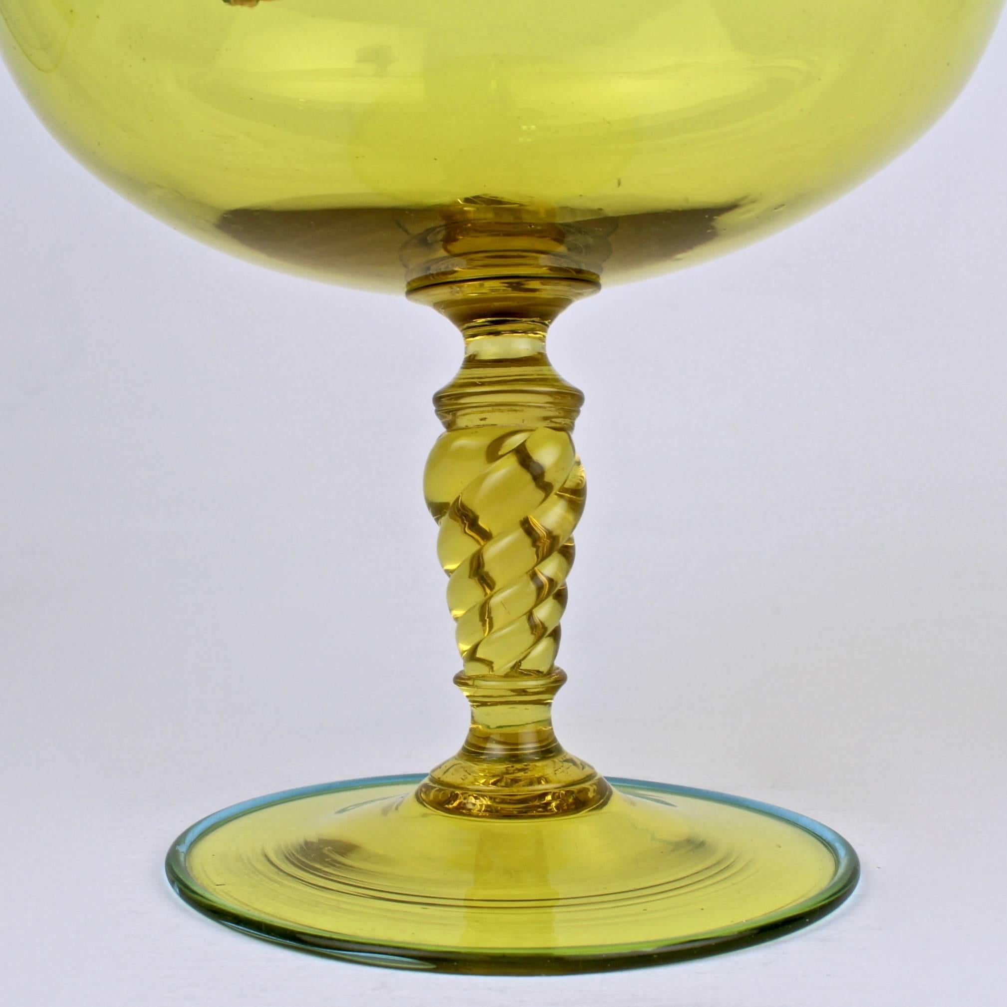 Verre d'art Grand bol à pieds canari jaune vénitien/murano recouvert de verre avec fleuron en forme de fleur