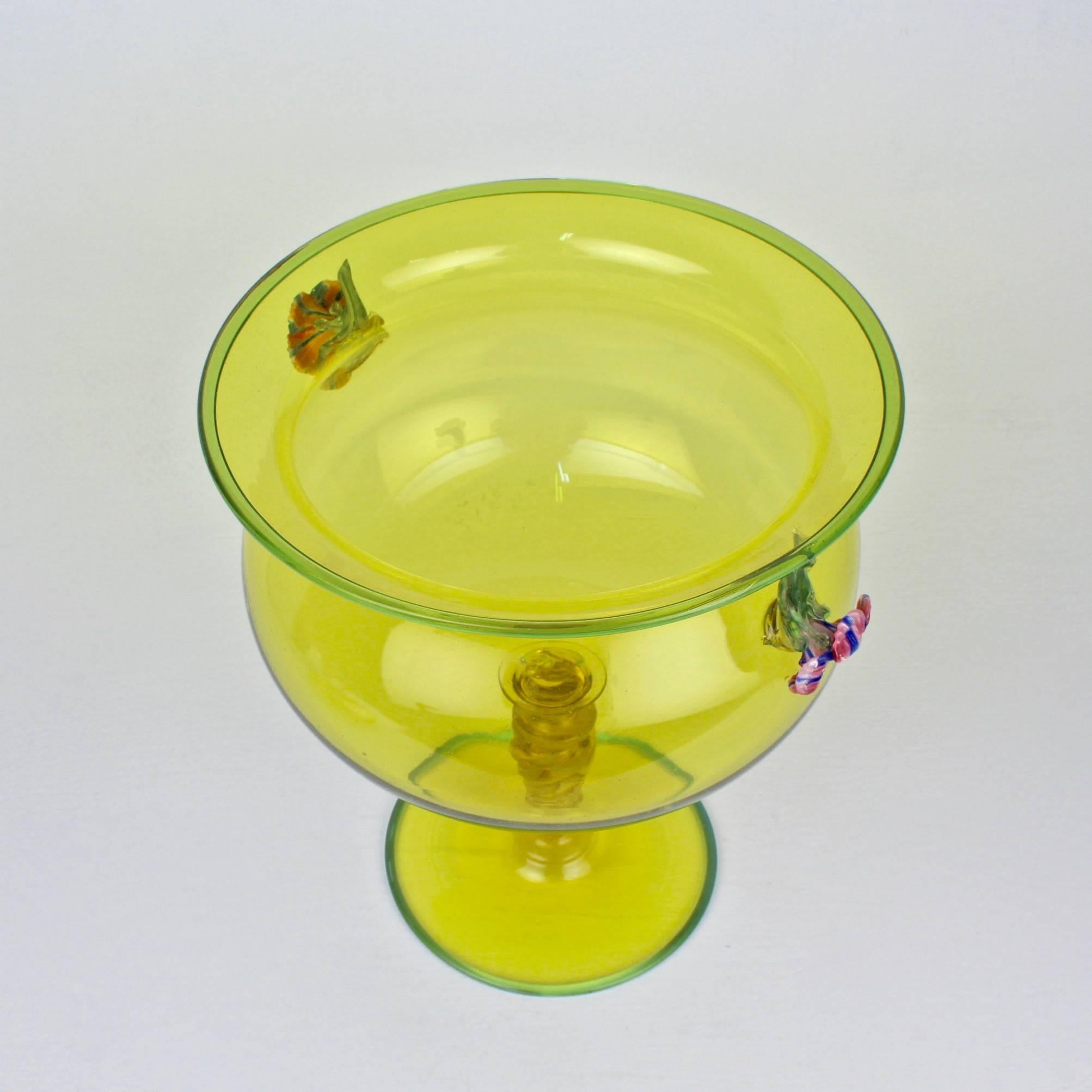 Large Canary Yellow Venetian/Murano Glass Covered Footed Bowl with Flower Finial 1
