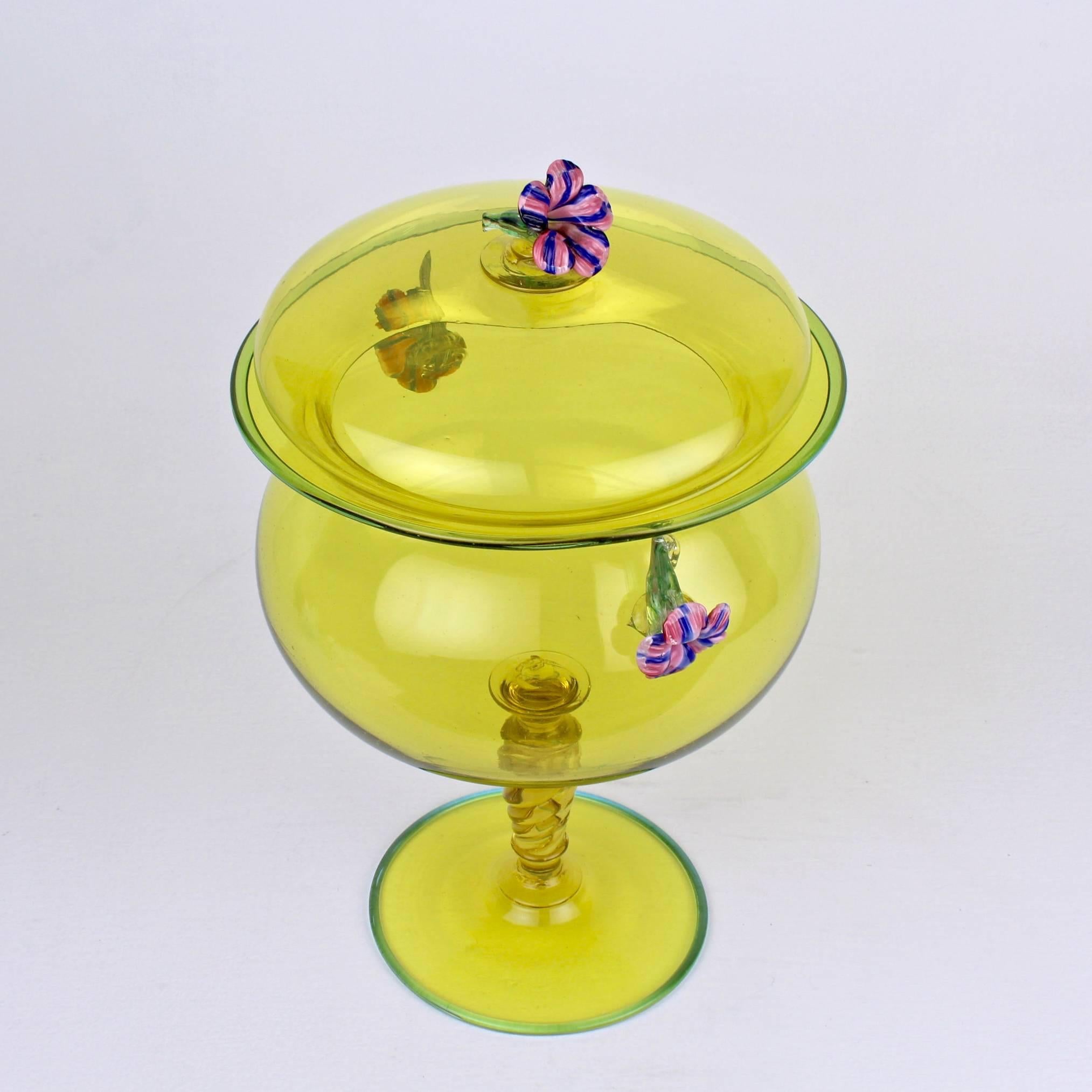 Art Glass Large Canary Yellow Venetian/Murano Glass Covered Footed Bowl with Flower Finial