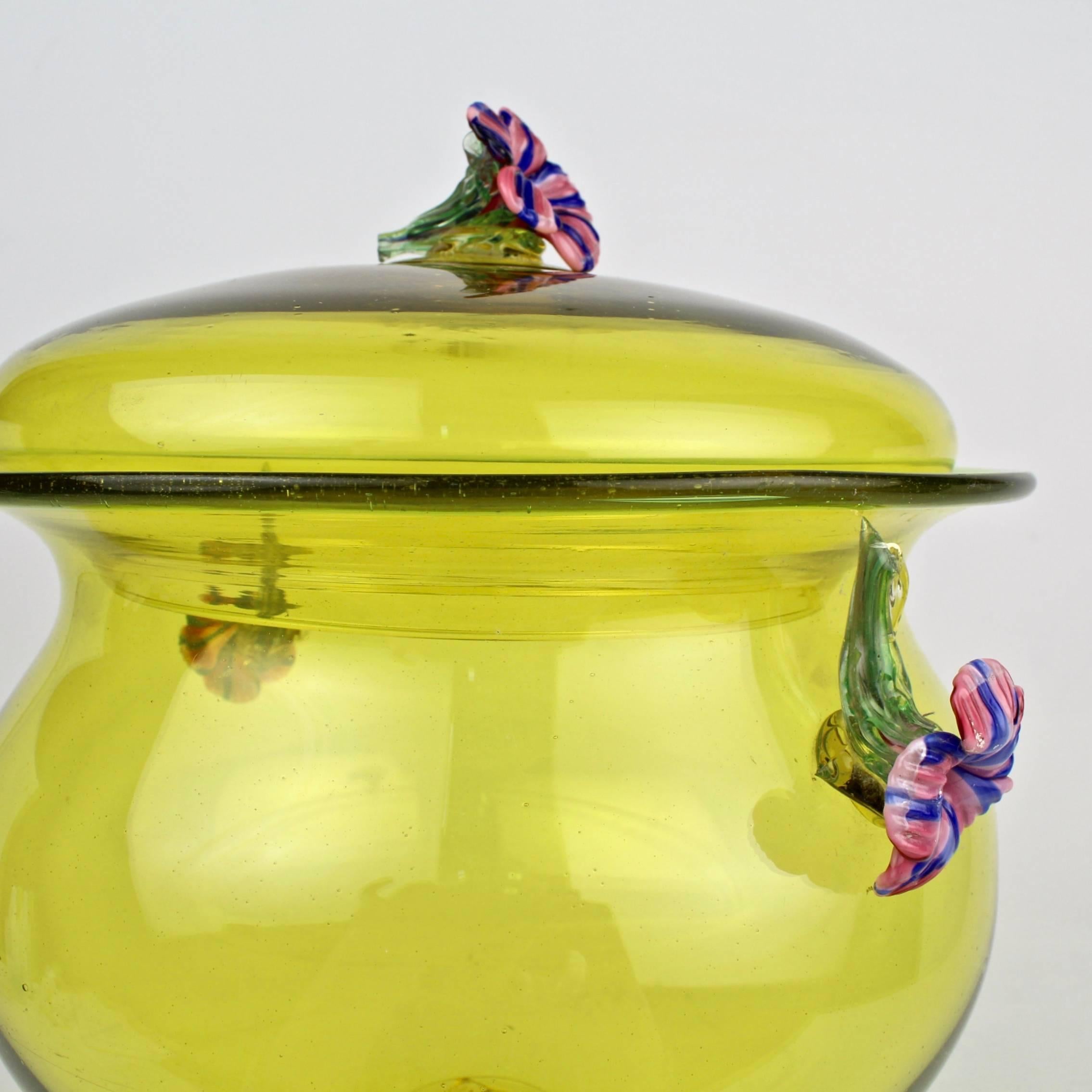 Italian Large Canary Yellow Venetian/Murano Glass Covered Footed Bowl with Flower Finial