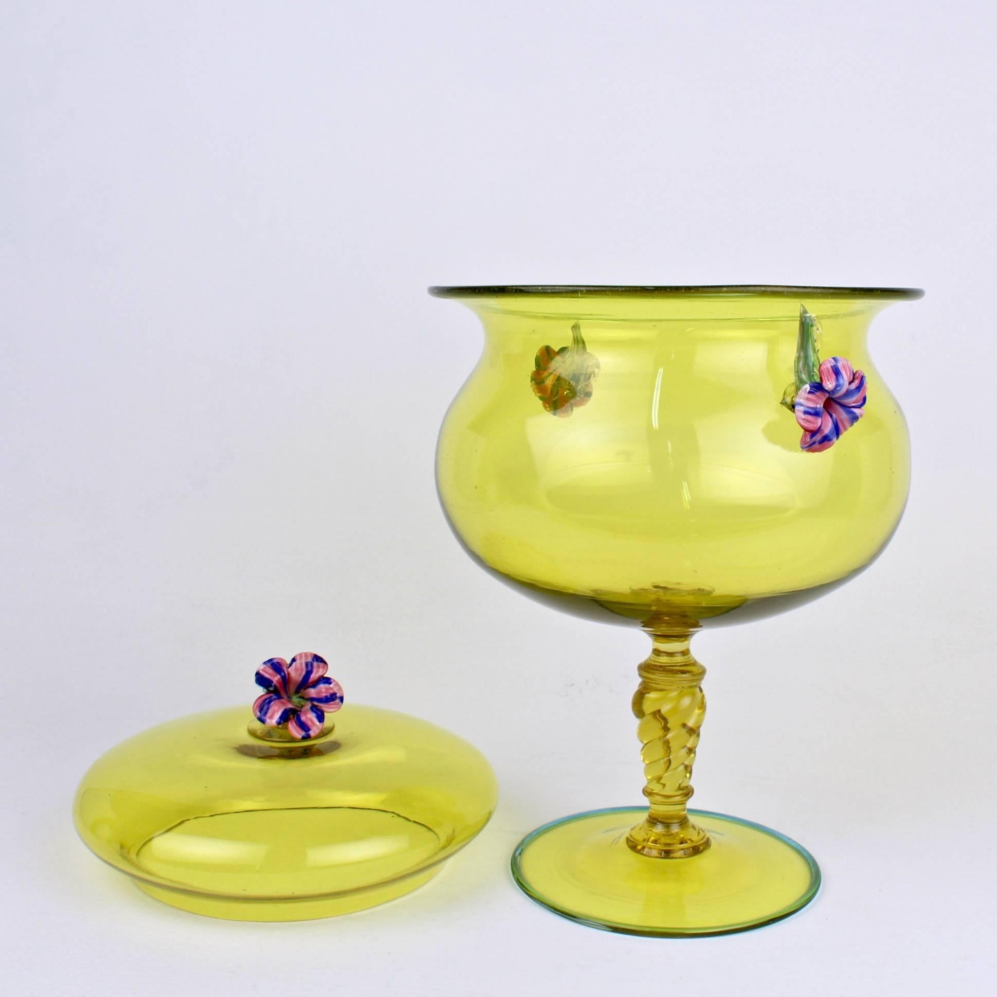 Large Canary Yellow Venetian/Murano Glass Covered Footed Bowl with Flower Finial 2