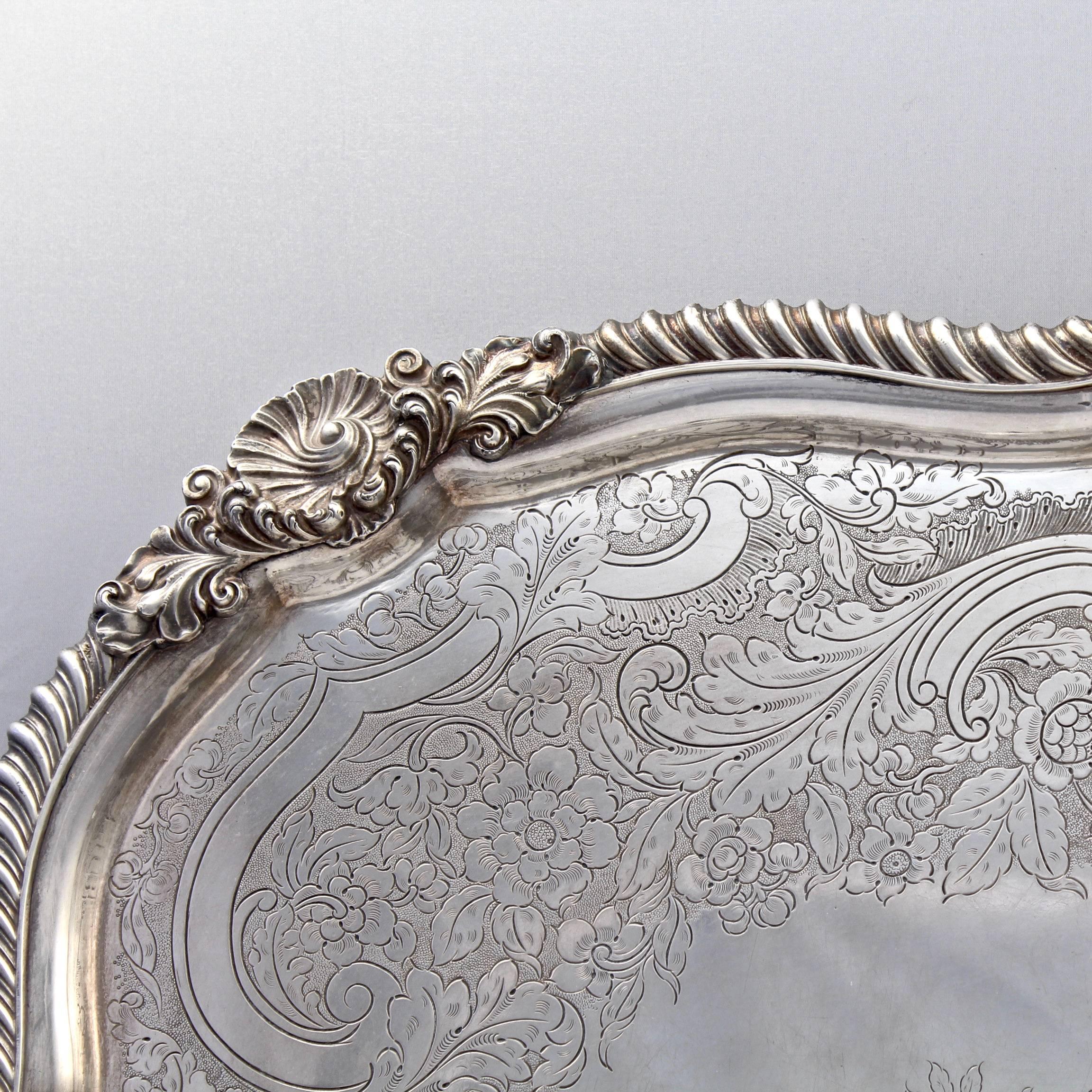 Etched Antique Georgian Crested Sheffield Silver Plate Handled Serving Tray