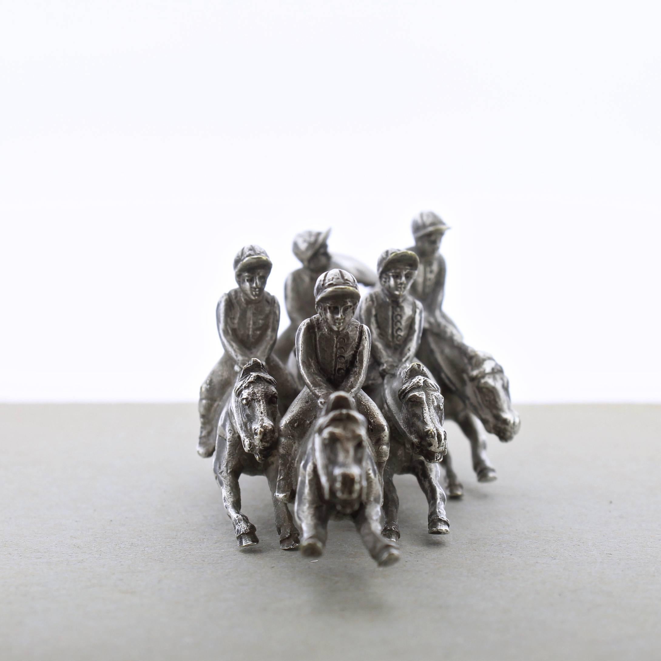 20th Century Fine Vintage Silverplate Miniature Horse Racing Sculpture with Jockeys & Horses