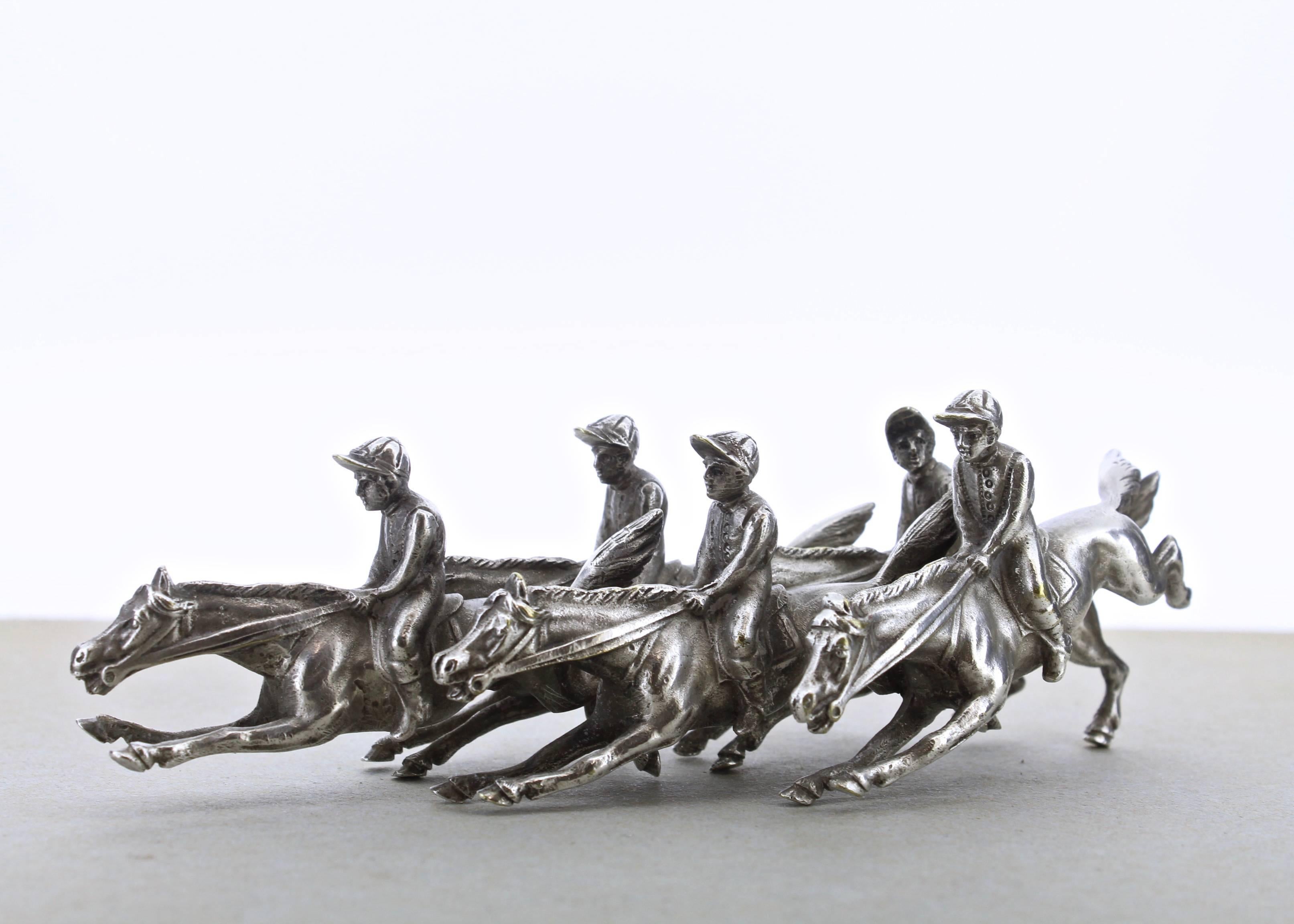 Fine Vintage Silverplate Miniature Horse Racing Sculpture with Jockeys & Horses 3