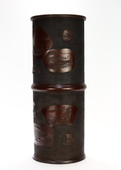 Old or Antique Japanese Bronze Umbrella Stand with Scenic Panels