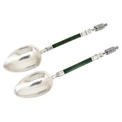 Pair of Victorian Frank Hyams Sterling Silver & Jade New Zealand Maori Spoons