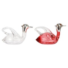 2 English Edwardian Heath & Middleton Glass & Sterling Silver Duck Claret Jugs