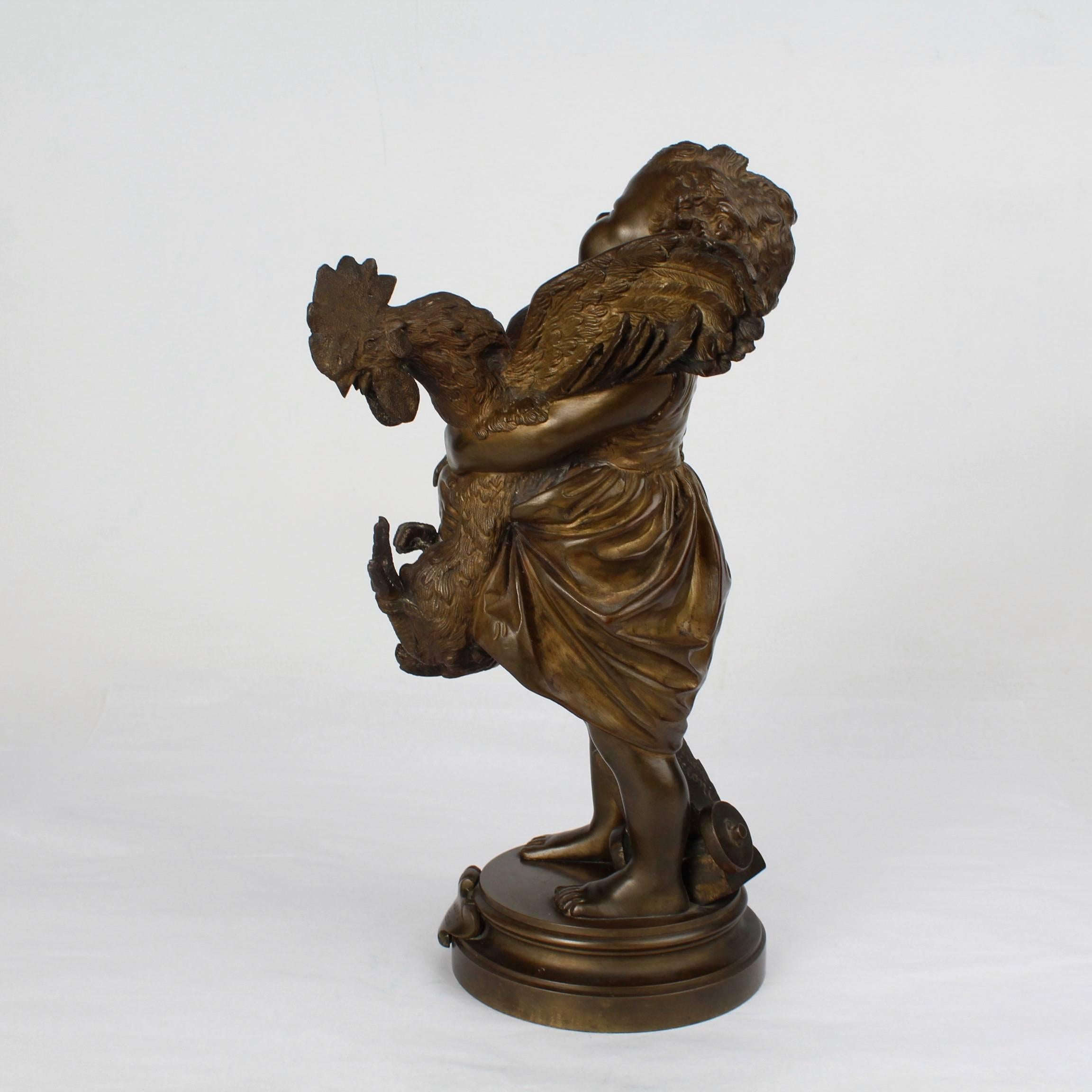 Belle Époque Enfant au Coq, une sculpture en bronze d'un enfant et d'un coq d'après Cecioni Adriano en vente