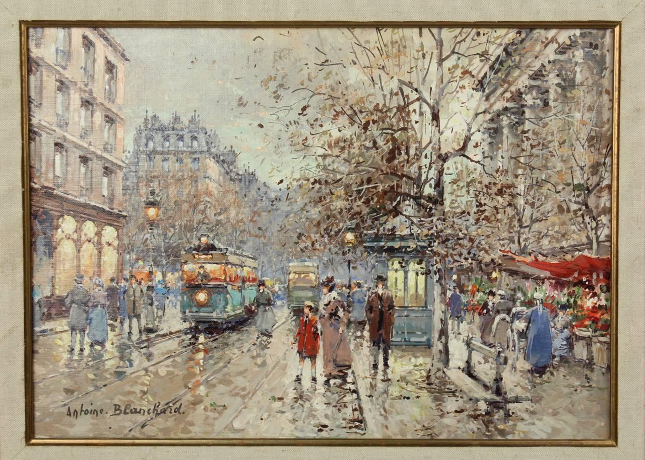 A fine impressionist oil on canvas painting by Antoine Blanchard (1910-1988) of bustling Parisian street scene.

Entitled: Marche Aux Fleurs de la Madeleine

Signed Antoine Blanchard to the lower left. 
Titled and identified on the reverse.