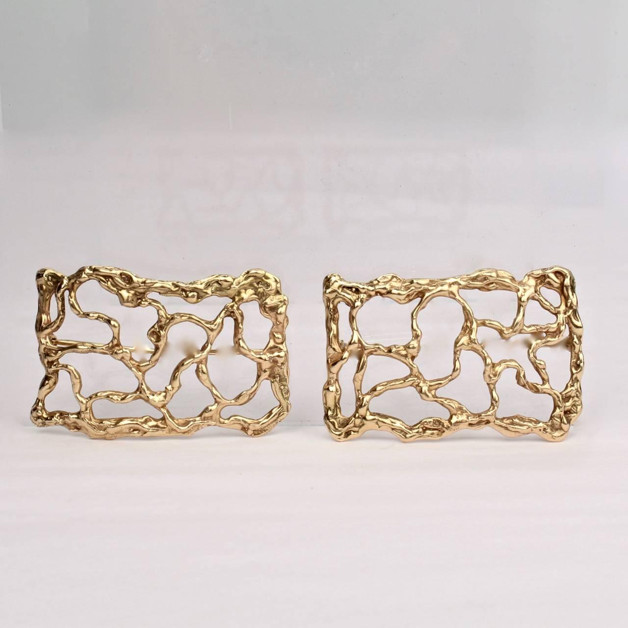 American Pair of Artist Signed 14-Karat Gold Brutalist Brooches or Pins