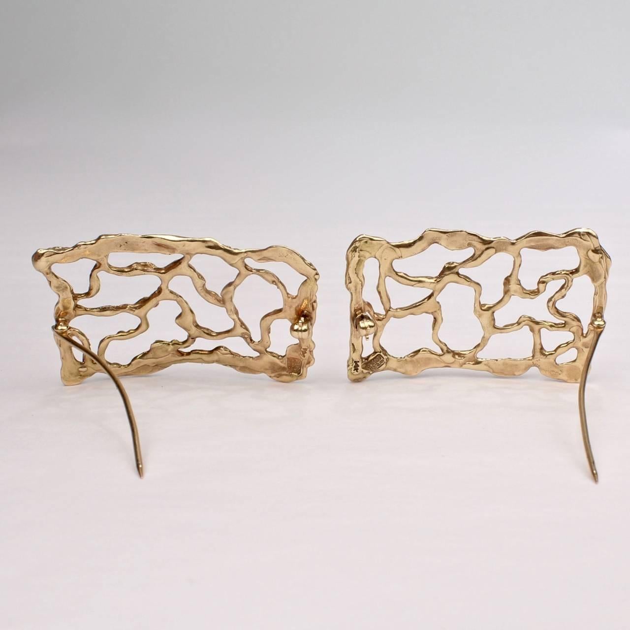 20th Century Pair of Artist Signed 14-Karat Gold Brutalist Brooches or Pins