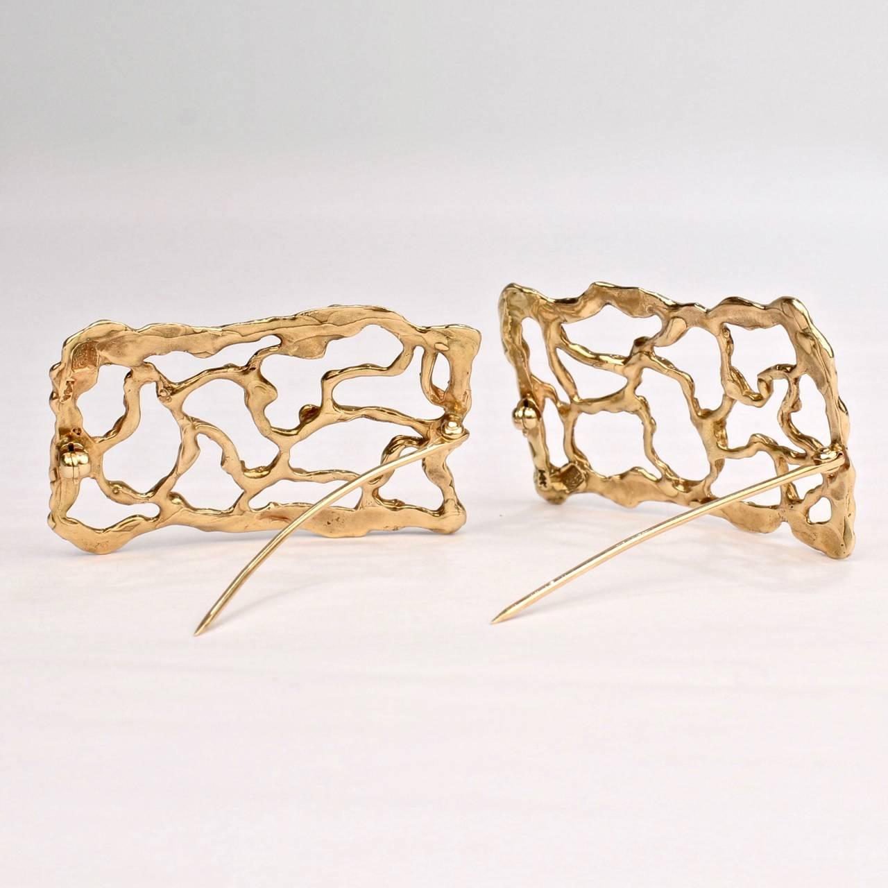 Pair of Artist Signed 14-Karat Gold Brutalist Brooches or Pins 1