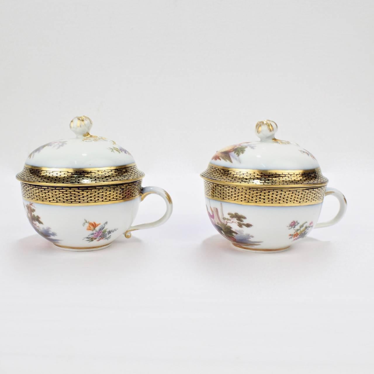 Hand-Painted Pair of Antique Meissen Porcelain Covered Tea Cups and Saucers, 19th Century