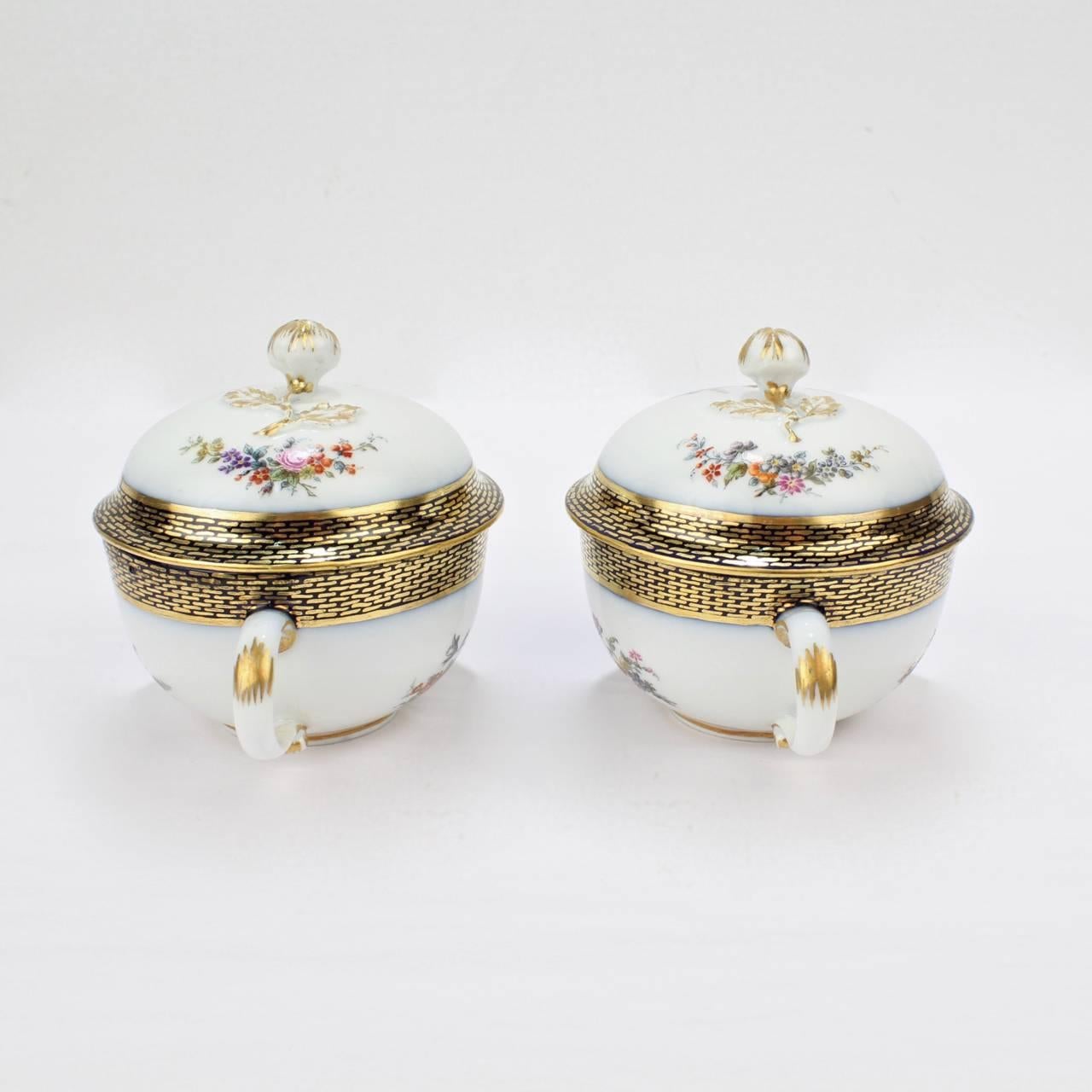 German Pair of Antique Meissen Porcelain Covered Tea Cups and Saucers, 19th Century