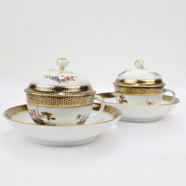 Pair of Antique Meissen Porcelain Covered Tea Cups and Saucers, 19th