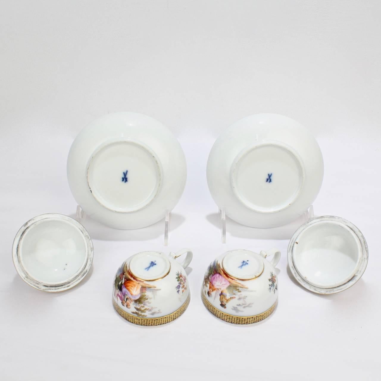 Pair of Antique Meissen Porcelain Covered Tea Cups and Saucers, 19th Century 3