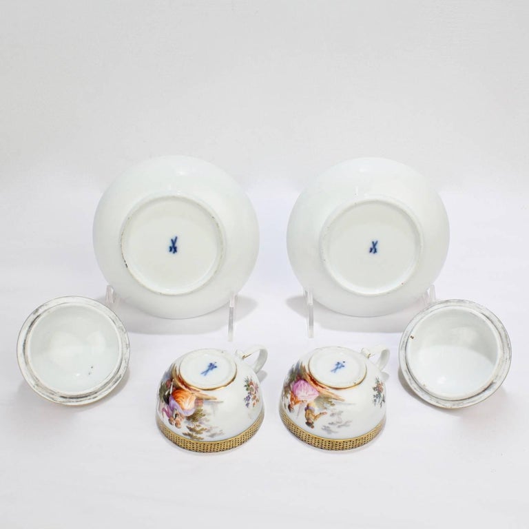 Pair of Antique Meissen Porcelain Covered Tea Cups and Saucers, 19th