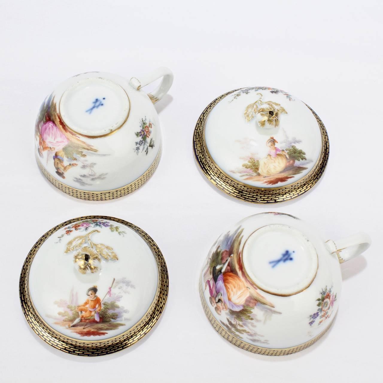 Pair of Antique Meissen Porcelain Covered Tea Cups and Saucers, 19th Century 2