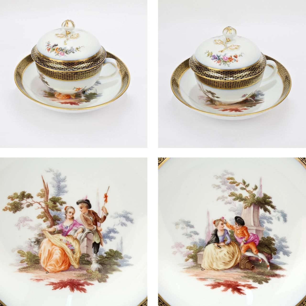 Pair of Antique Meissen Porcelain Covered Tea Cups and Saucers, 19th Century In Good Condition In Philadelphia, PA
