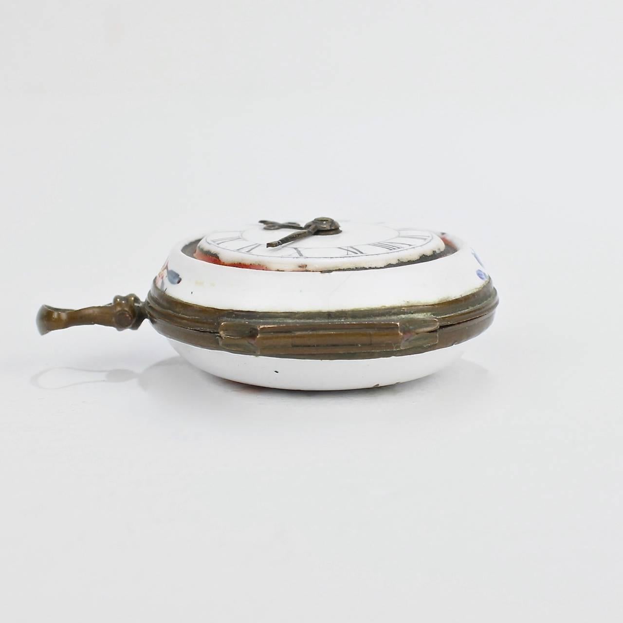 Antique English Battersea Bilston Enamel Pocket Watch Form Snuff or Patch Box 1